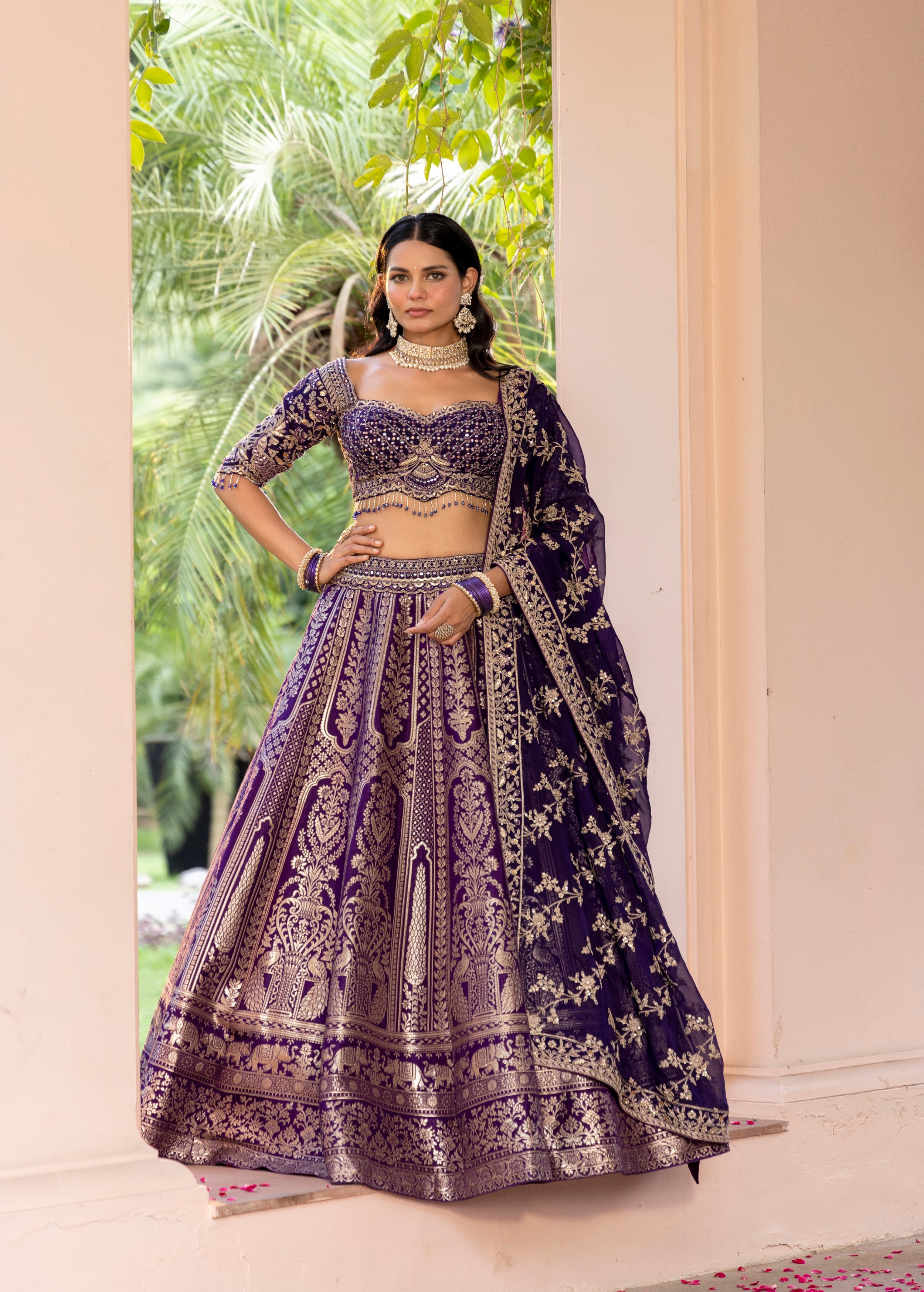 Royal Purple Embellished Banarasi Silk Lehenga Set
