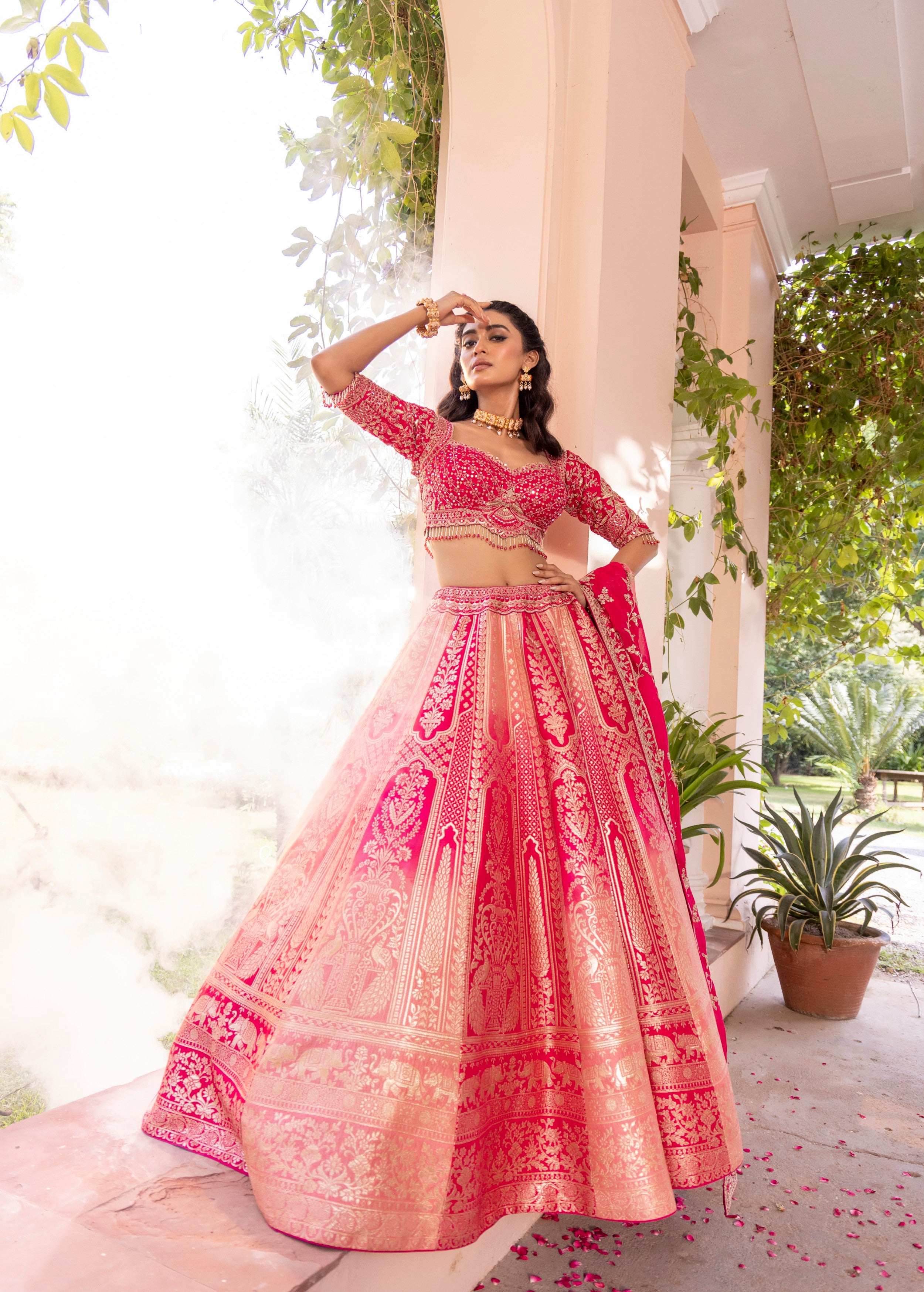 Royal Pink Embellished Banarasi Silk Lehenga Set