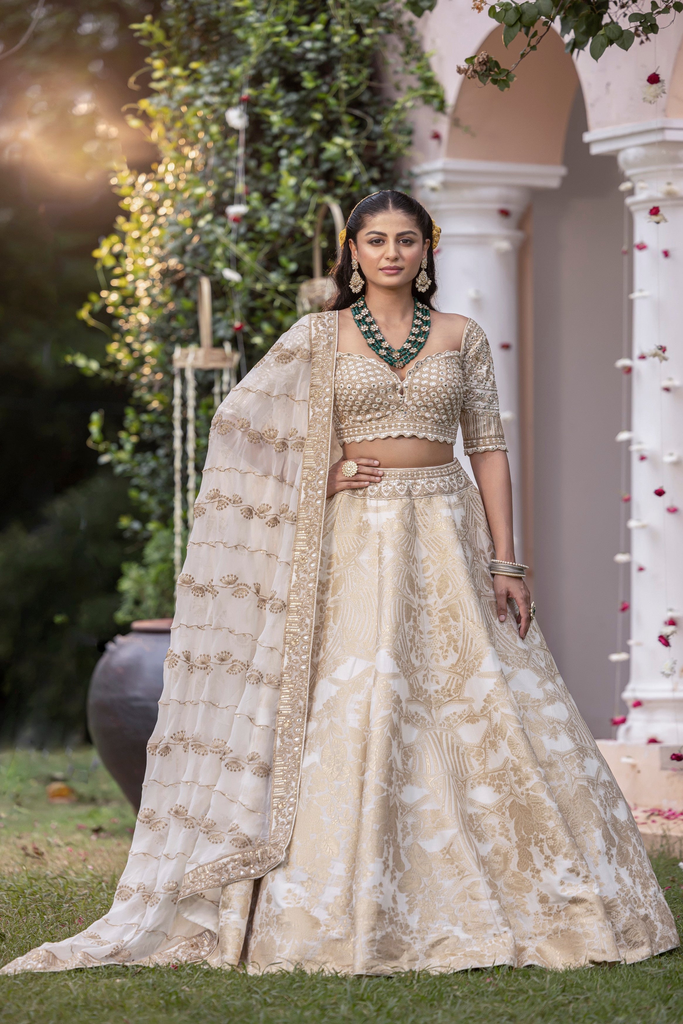 Off White Embellished Banarasi Silk Lehenga Set
