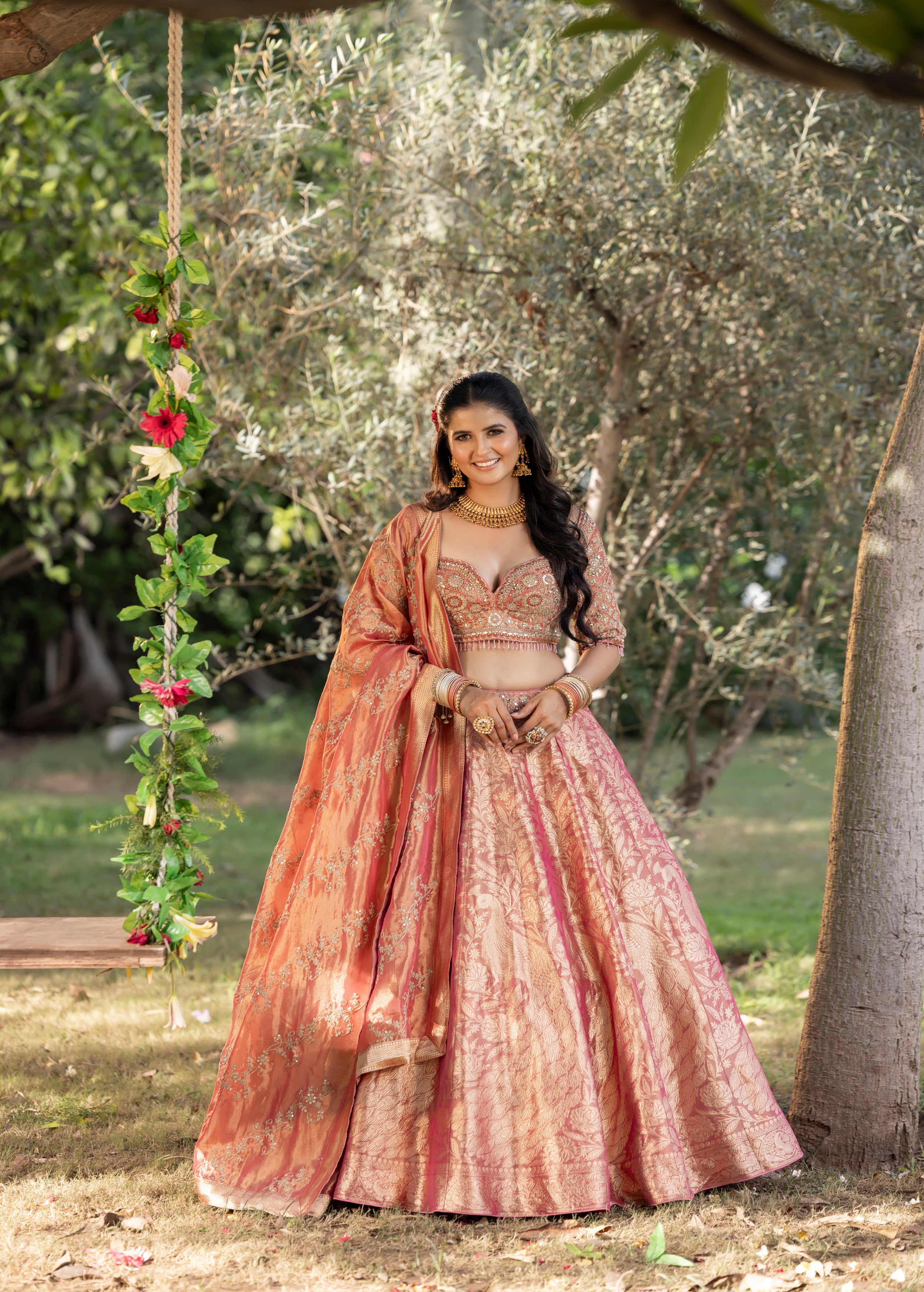 Sunlit Peach Embellished Banarasi Silk Lehenga Set