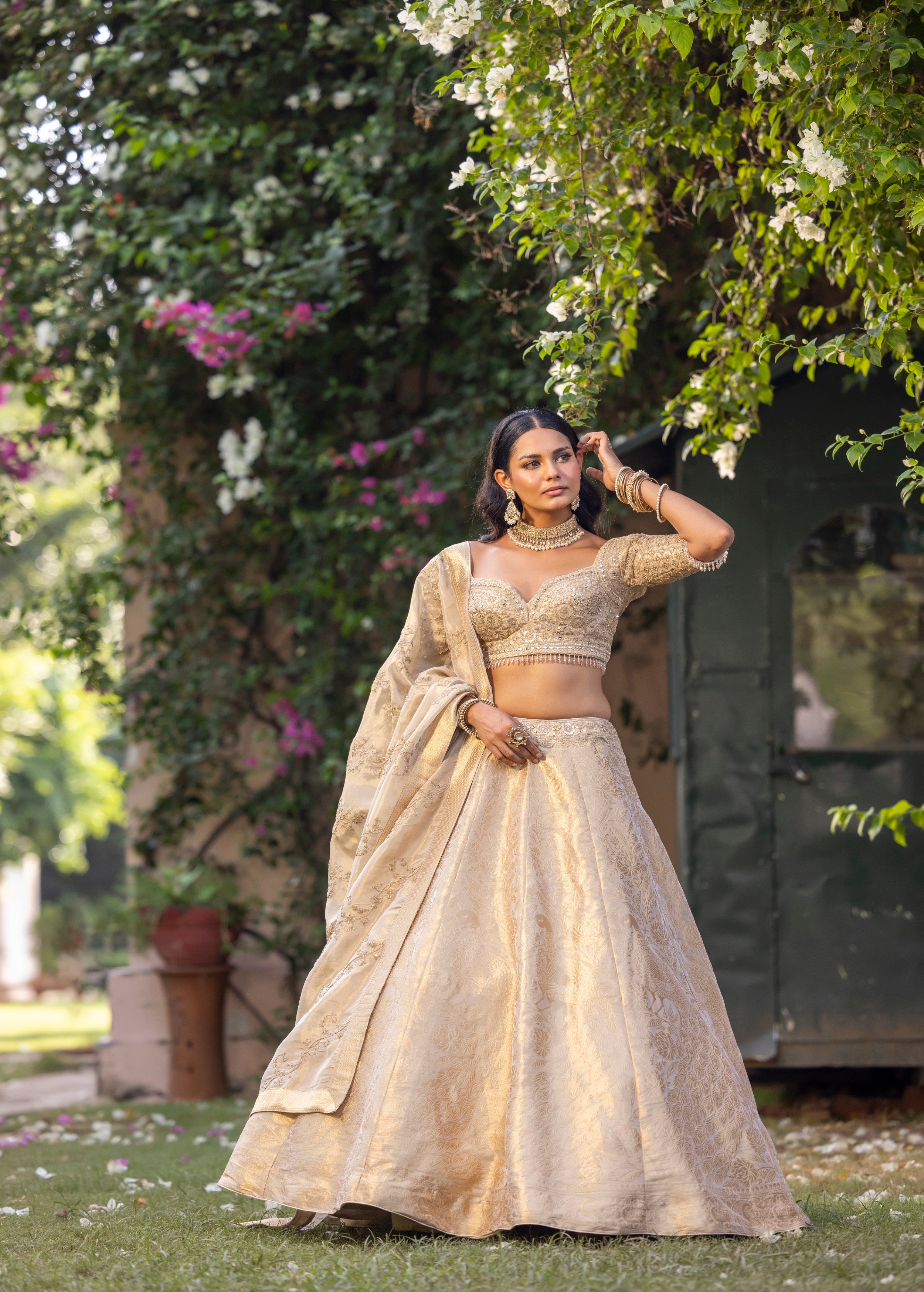 Classic Cream Embellished Banarasi Silk Lehenga Set