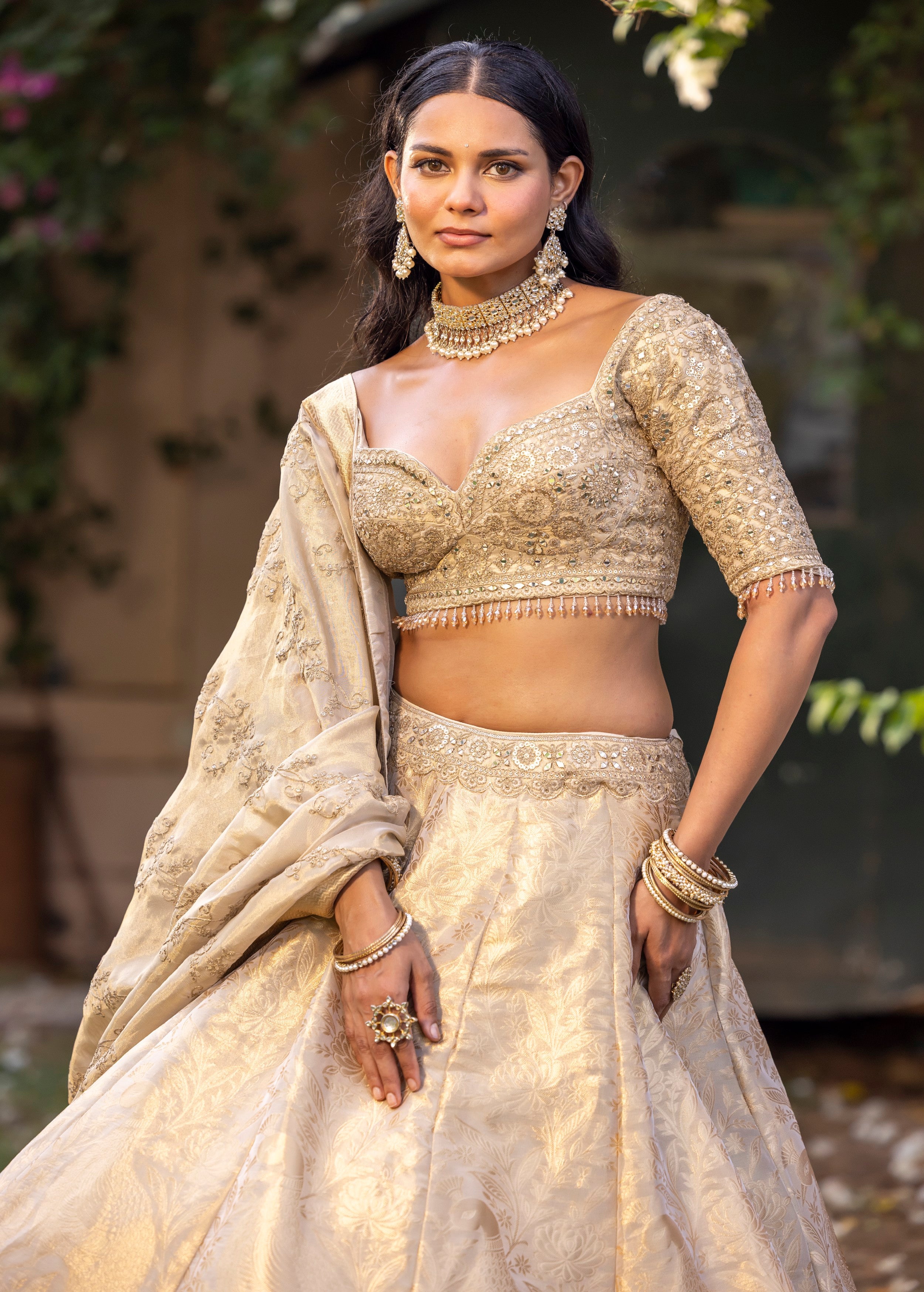 Classic Cream Embellished Banarasi Silk Lehenga Set