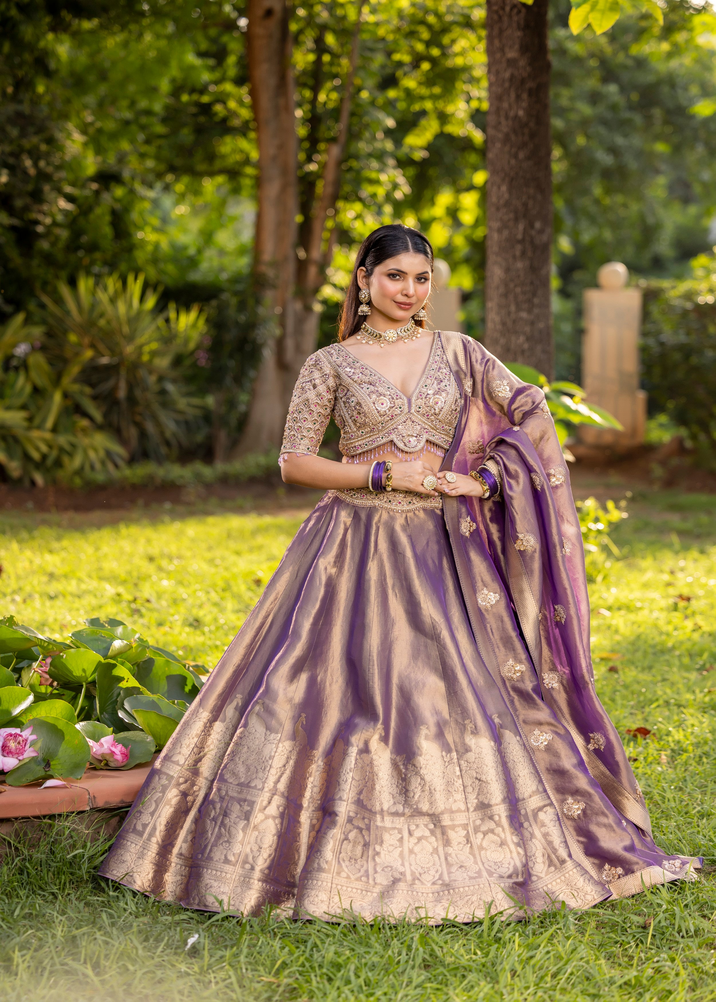Soft Lilac Embellished Banarasi Silk Lehenga Set