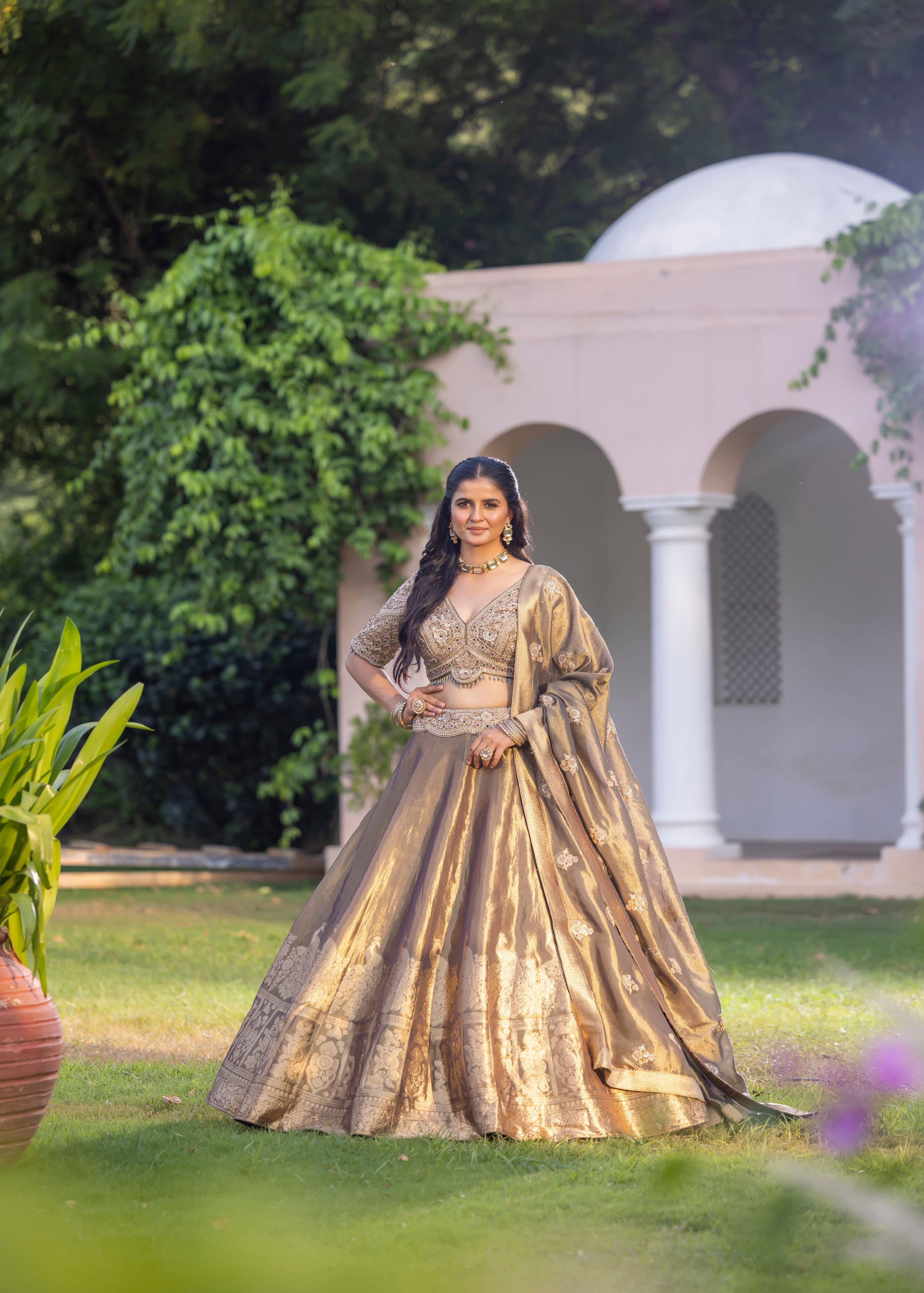 Metallic Taupe Embellished Banarasi Silk Lehenga Set