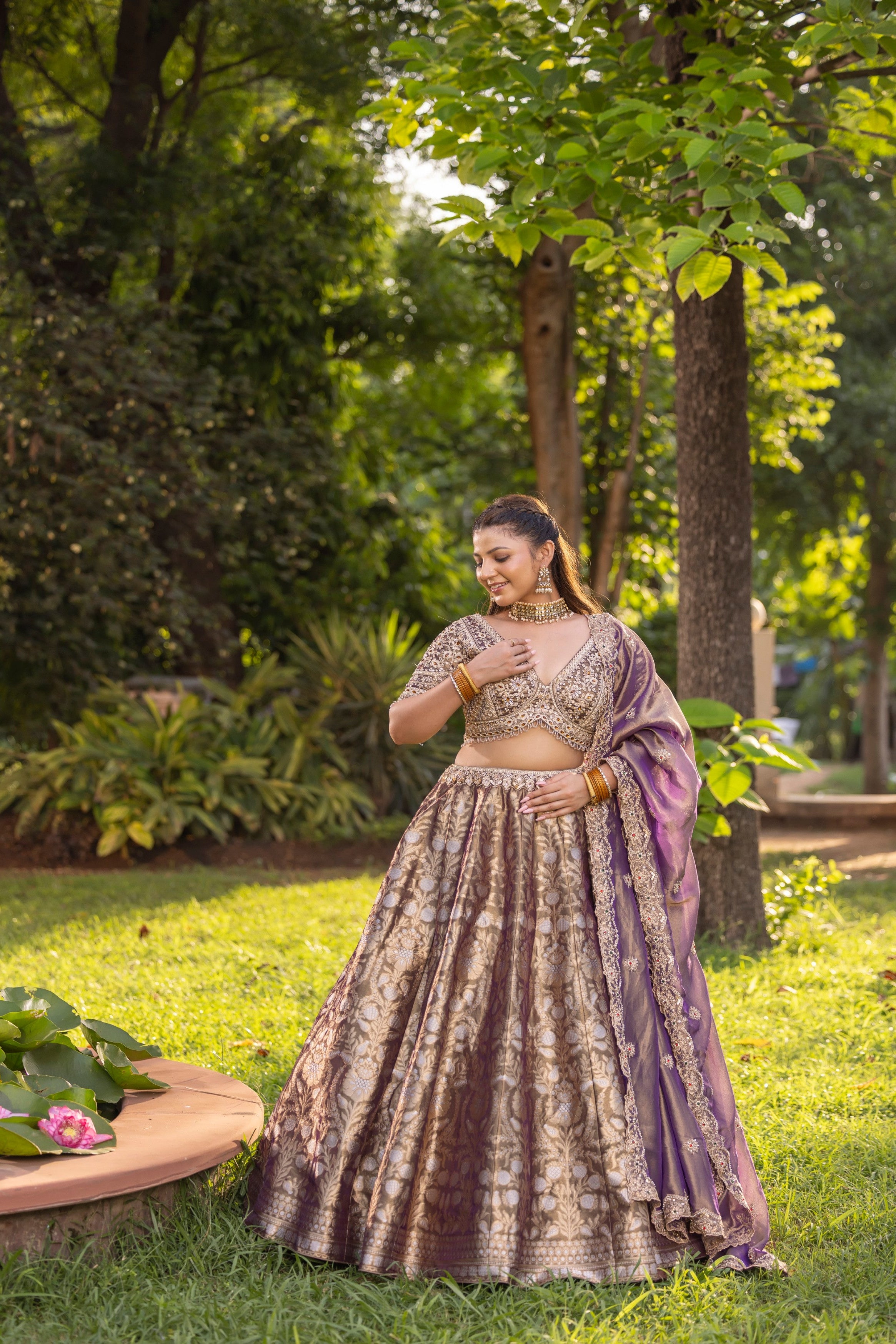 Lavender Embellished Banarasi Silk Lehenga Set