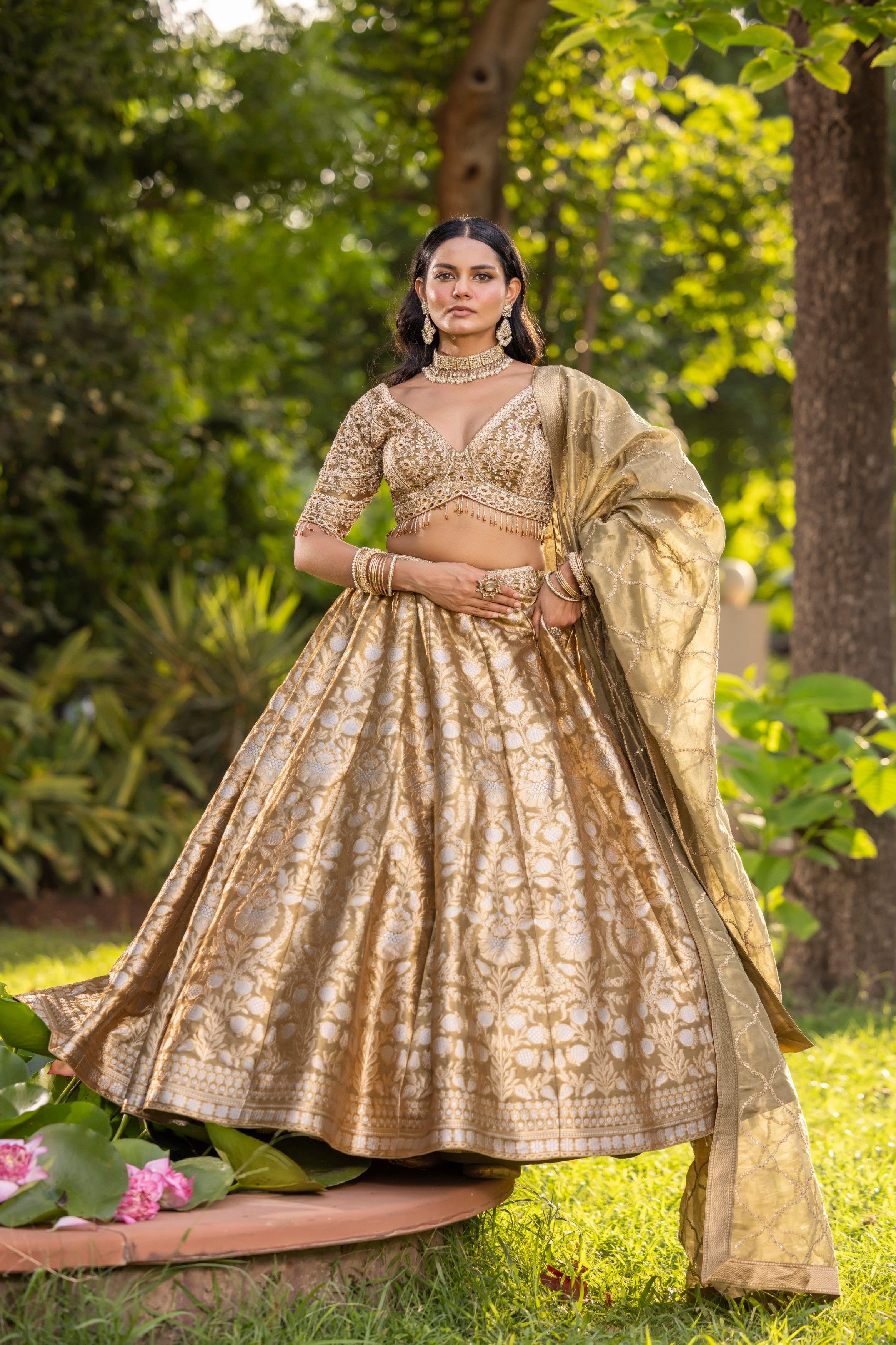 Warm Gold Embellished Banarasi Silk Lehenga Set
