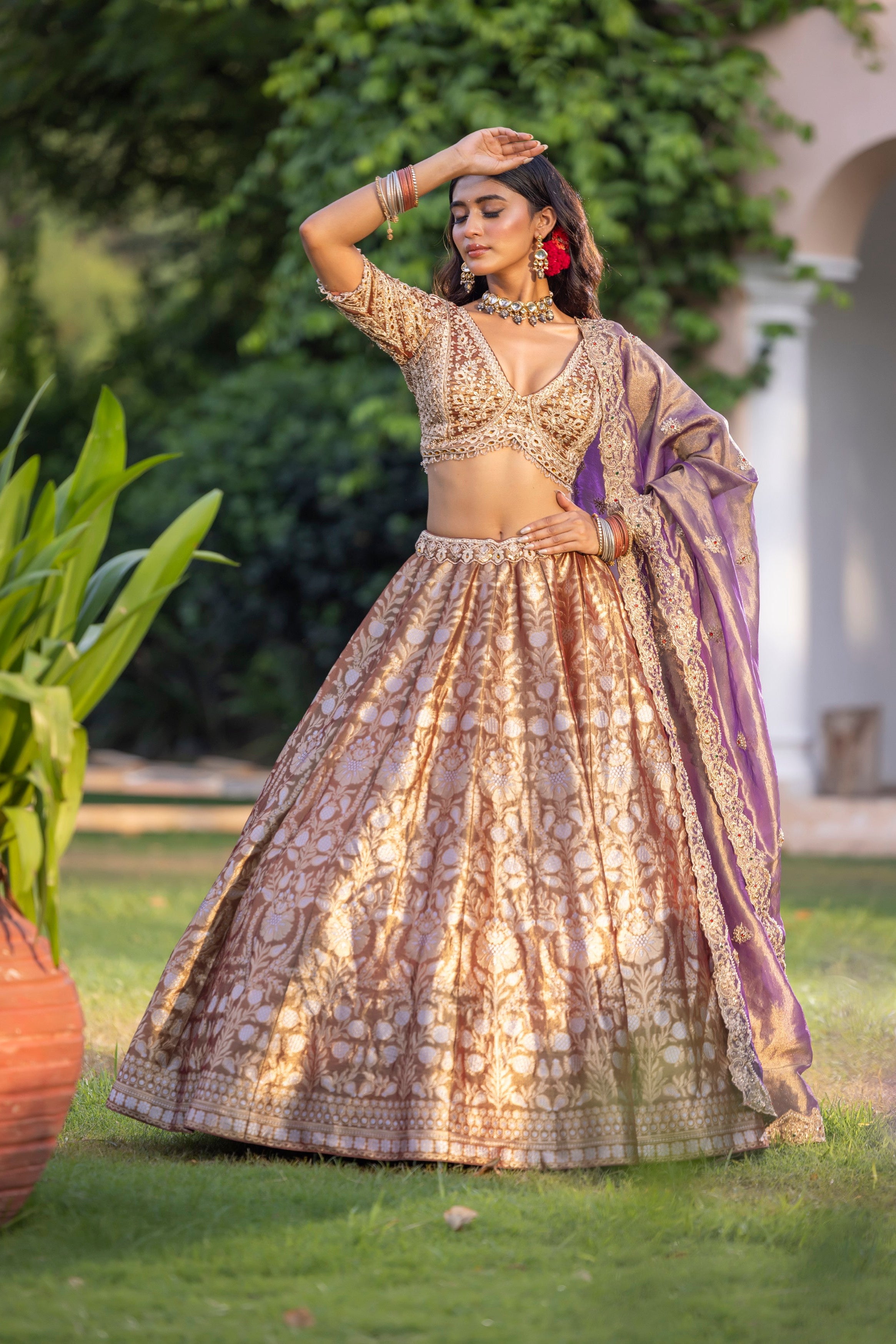 Lavender Gold Embellished Banarasi Silk Lehenga Set