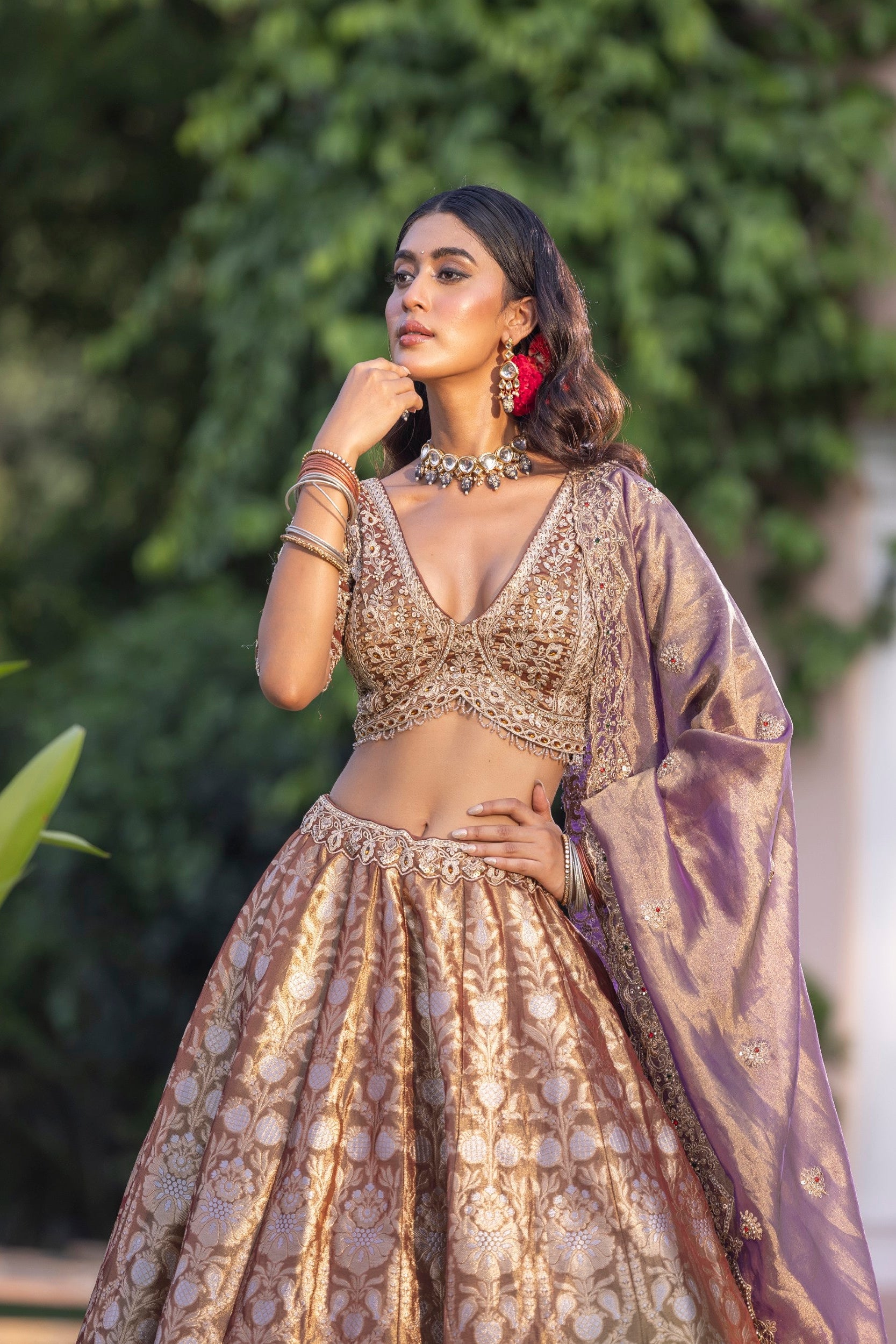 Lavender Gold Embellished Banarasi Silk Lehenga Set