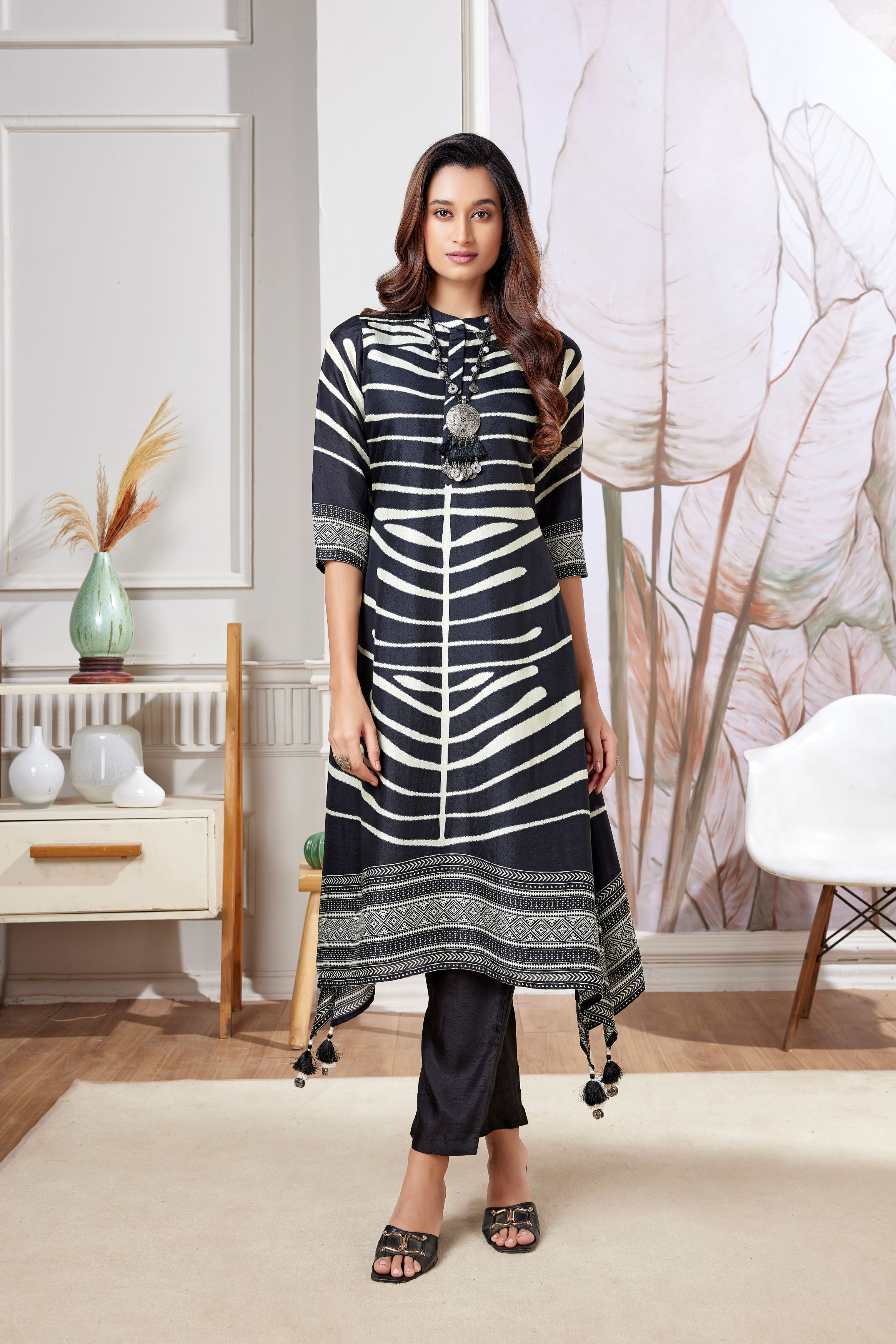 Black Striped Printed Muslin Silk Kurta Pant Set