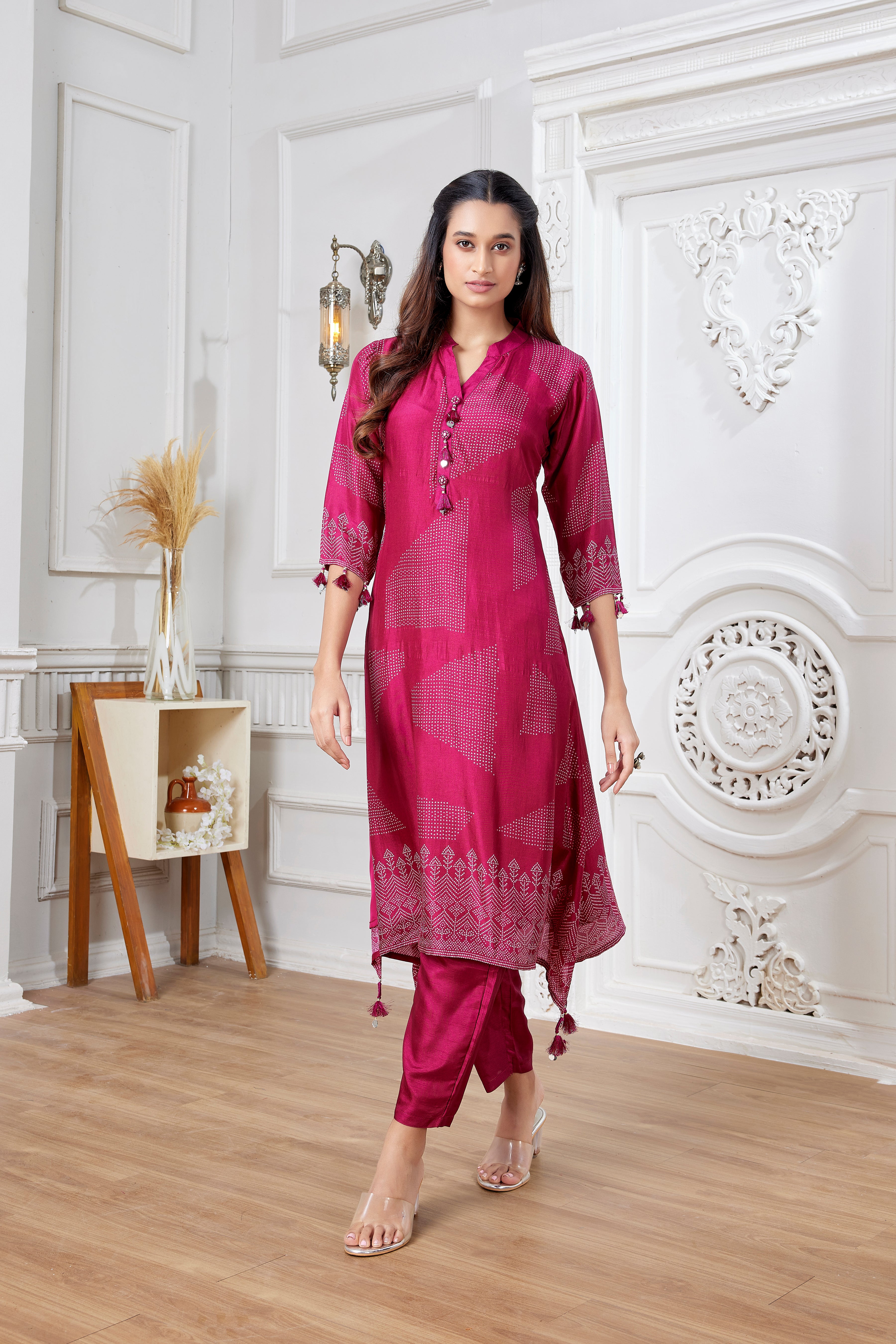 Maroon Digital Printed Italian Silk Kurta Pants Set