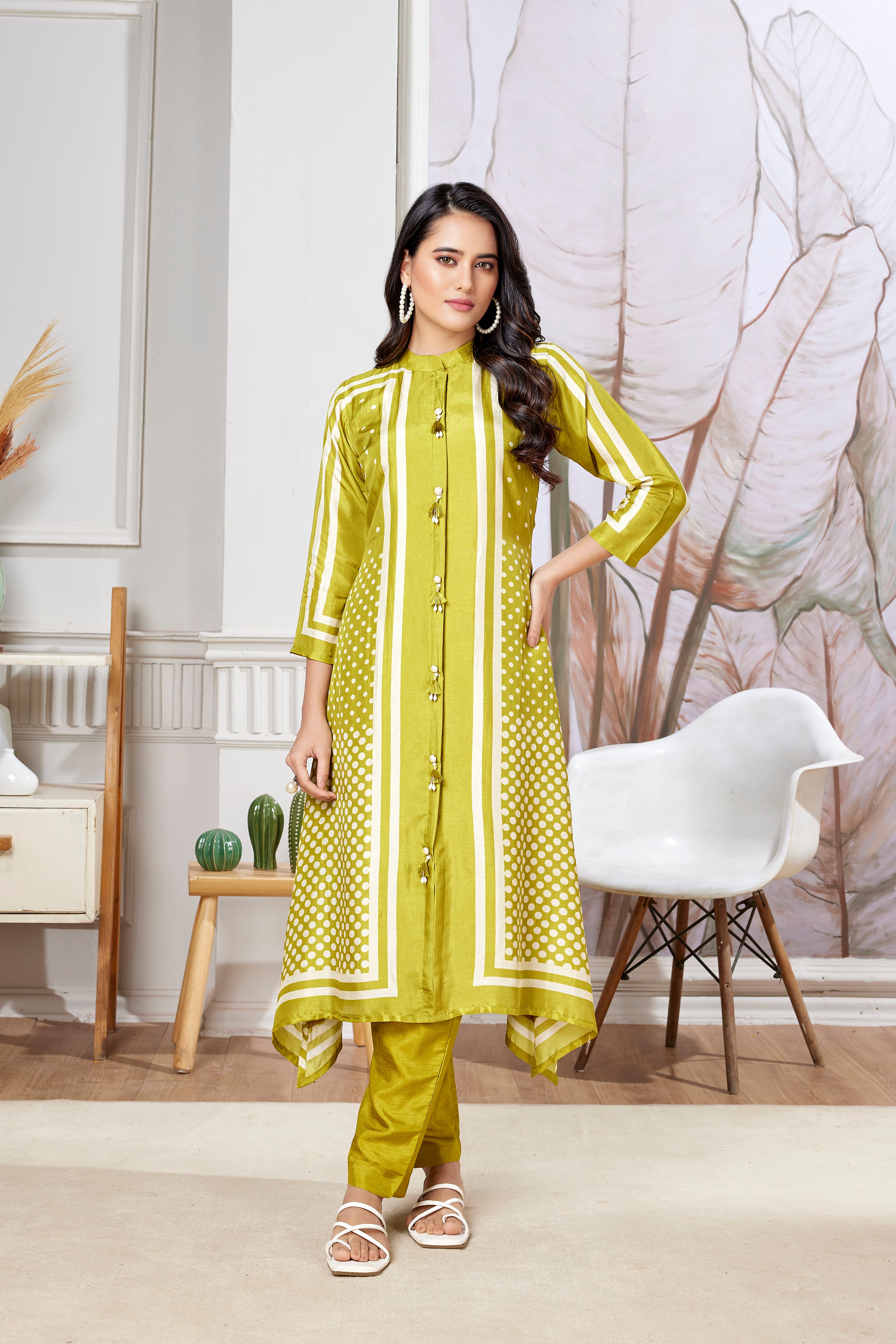 Pear Green Digital Printed Italian Silk Kurta Pants Set