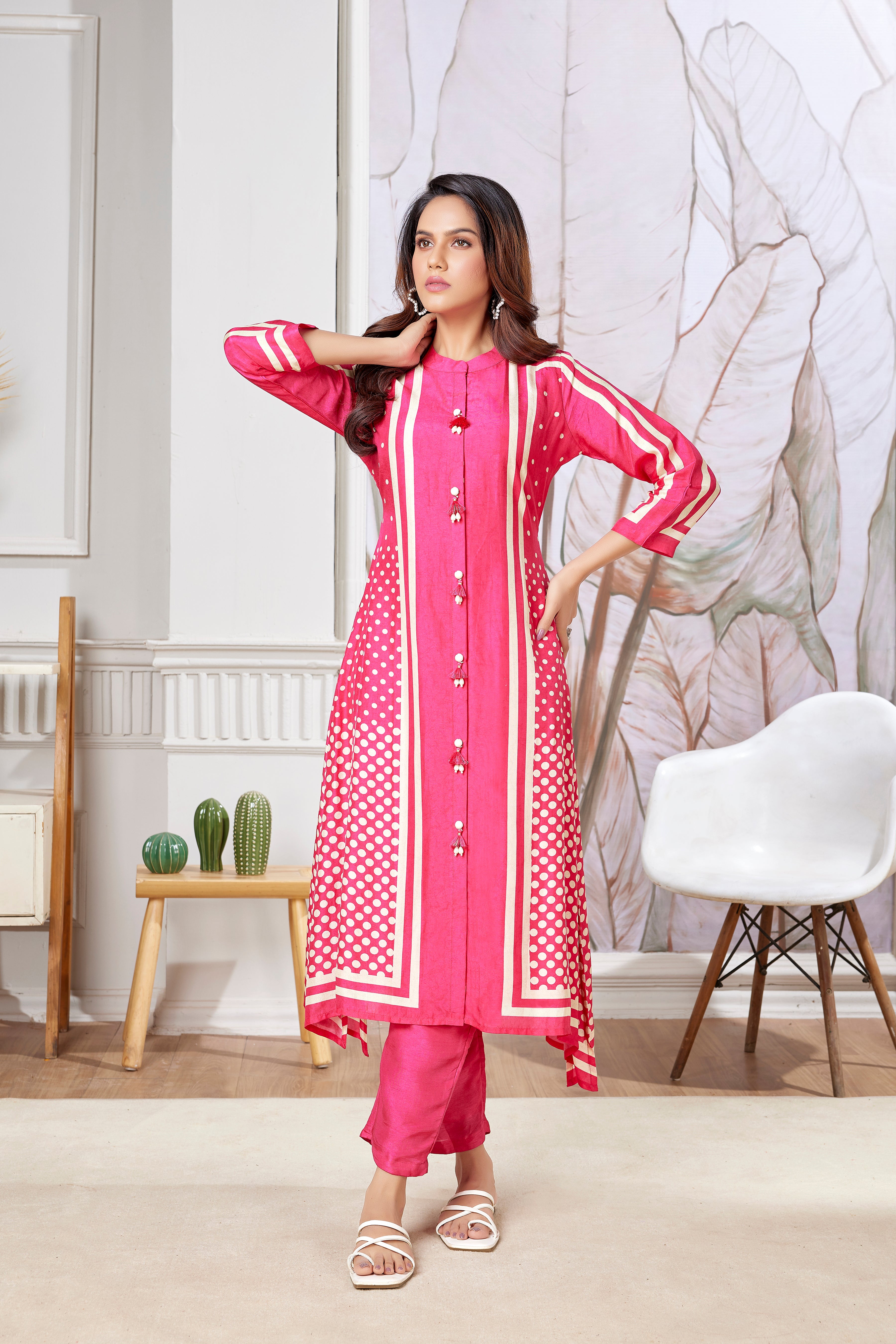 Pink Digital Printed Italian Silk Kurta Pants Set