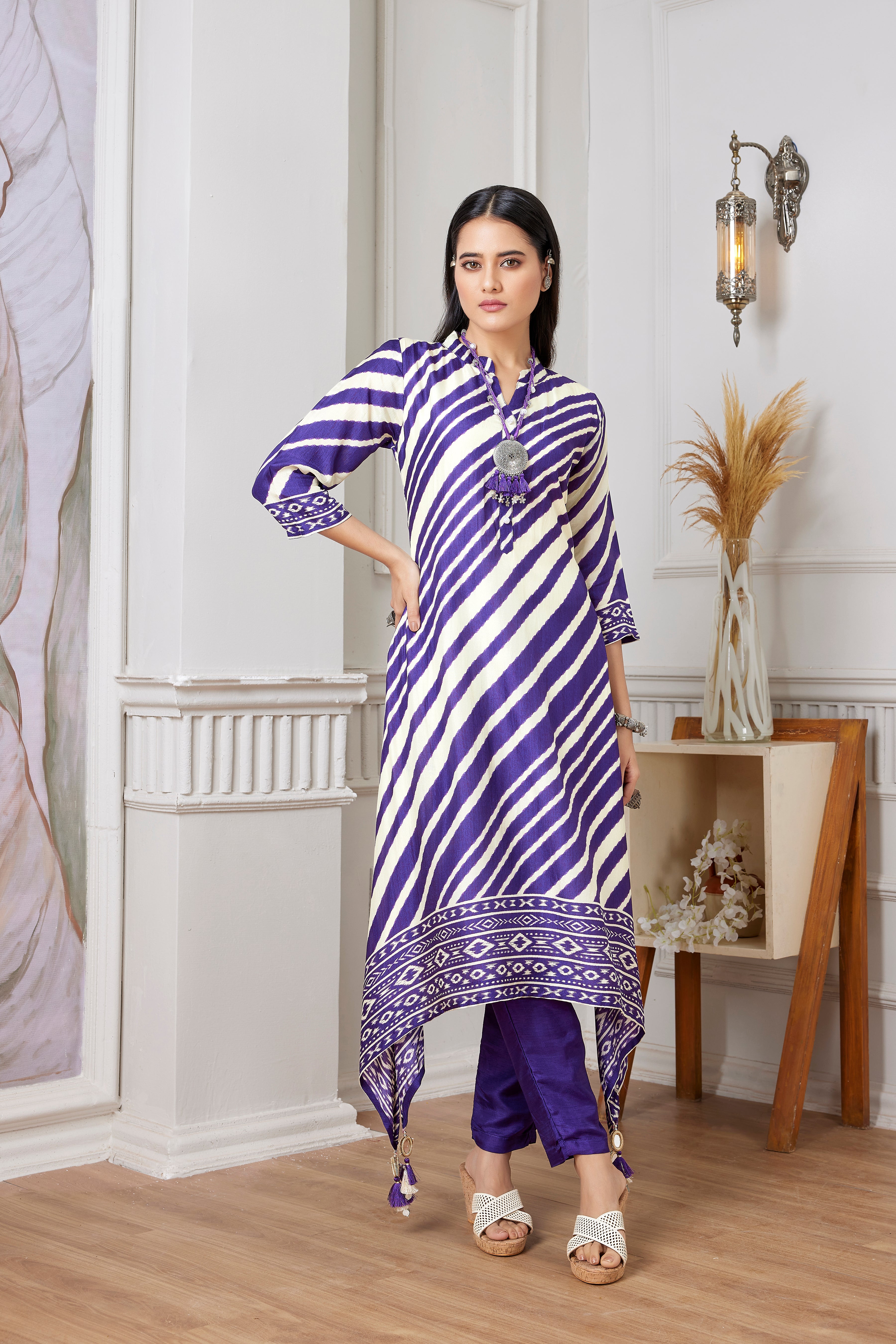 Purple Leheriya Printed Italian Silk Kurta Pants Set