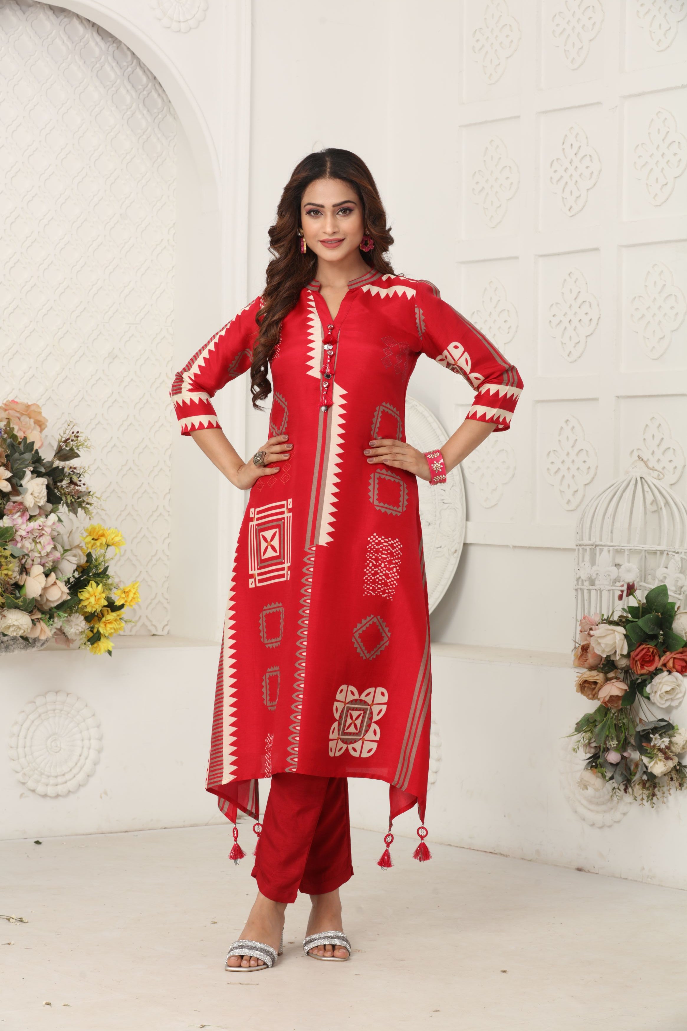 Red Printed Muslin Silk Kurta Set