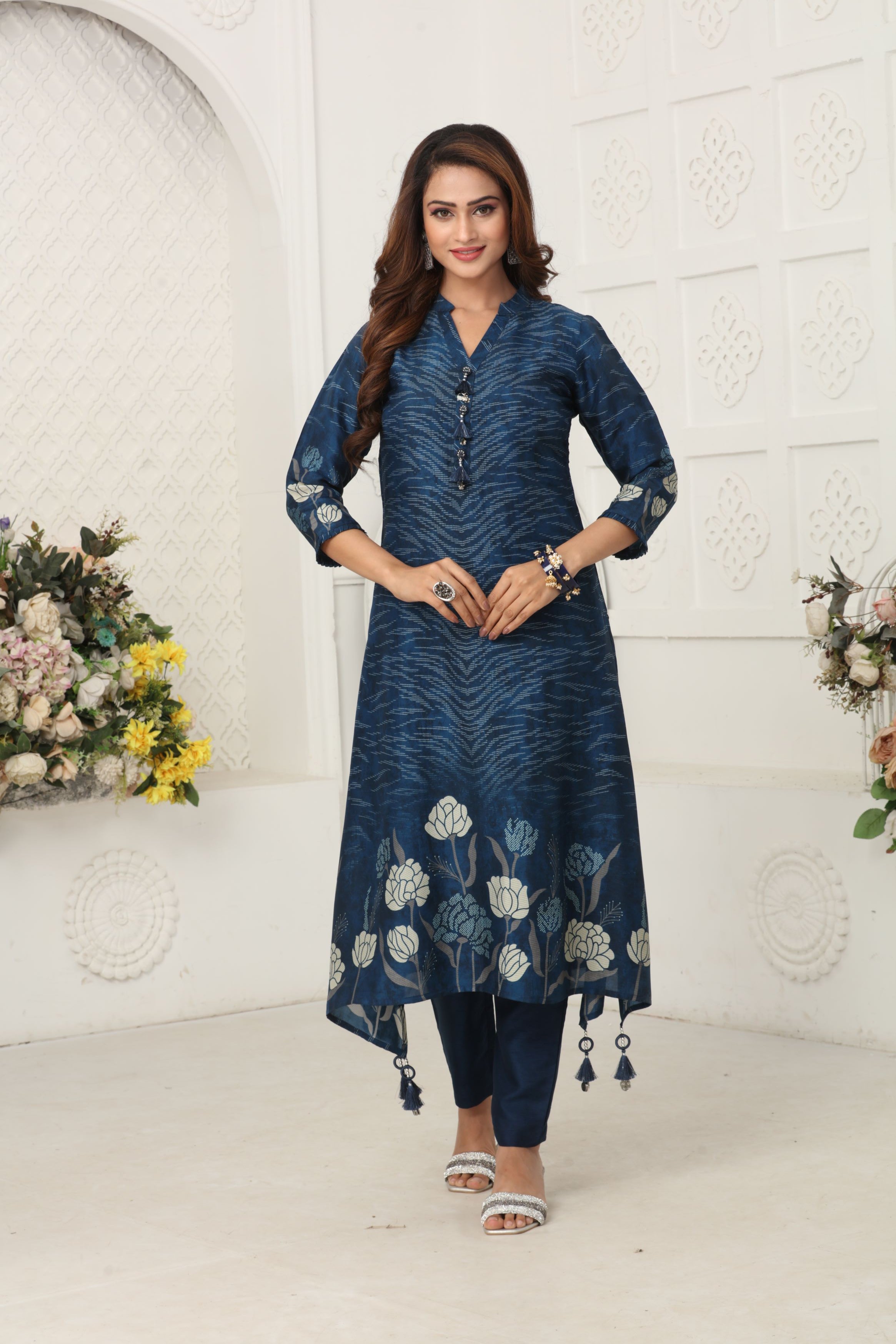 Navy Blue Printed Muslin Silk Kurta Set