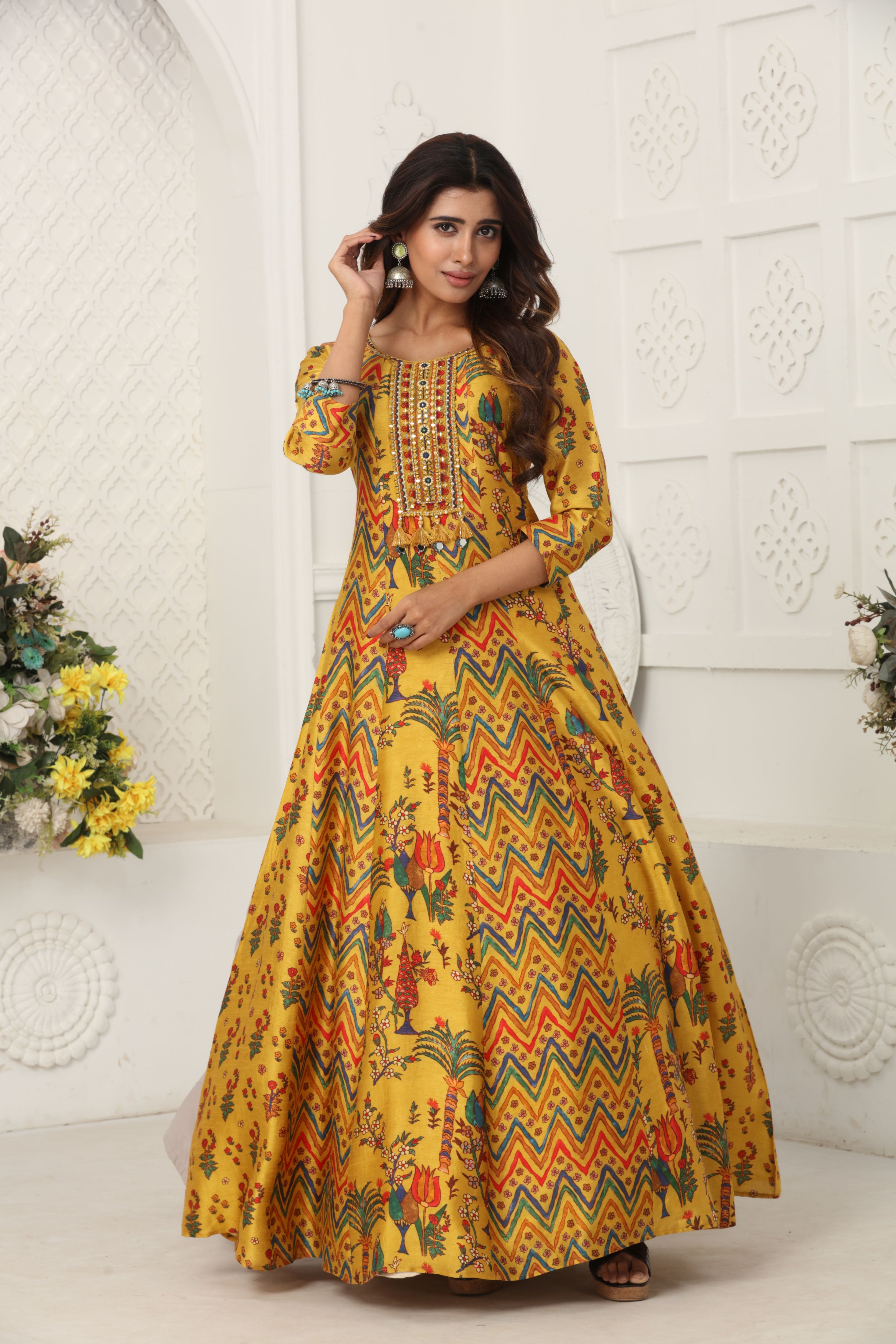 Yellow Printed Premium Silk Anarkali Gown