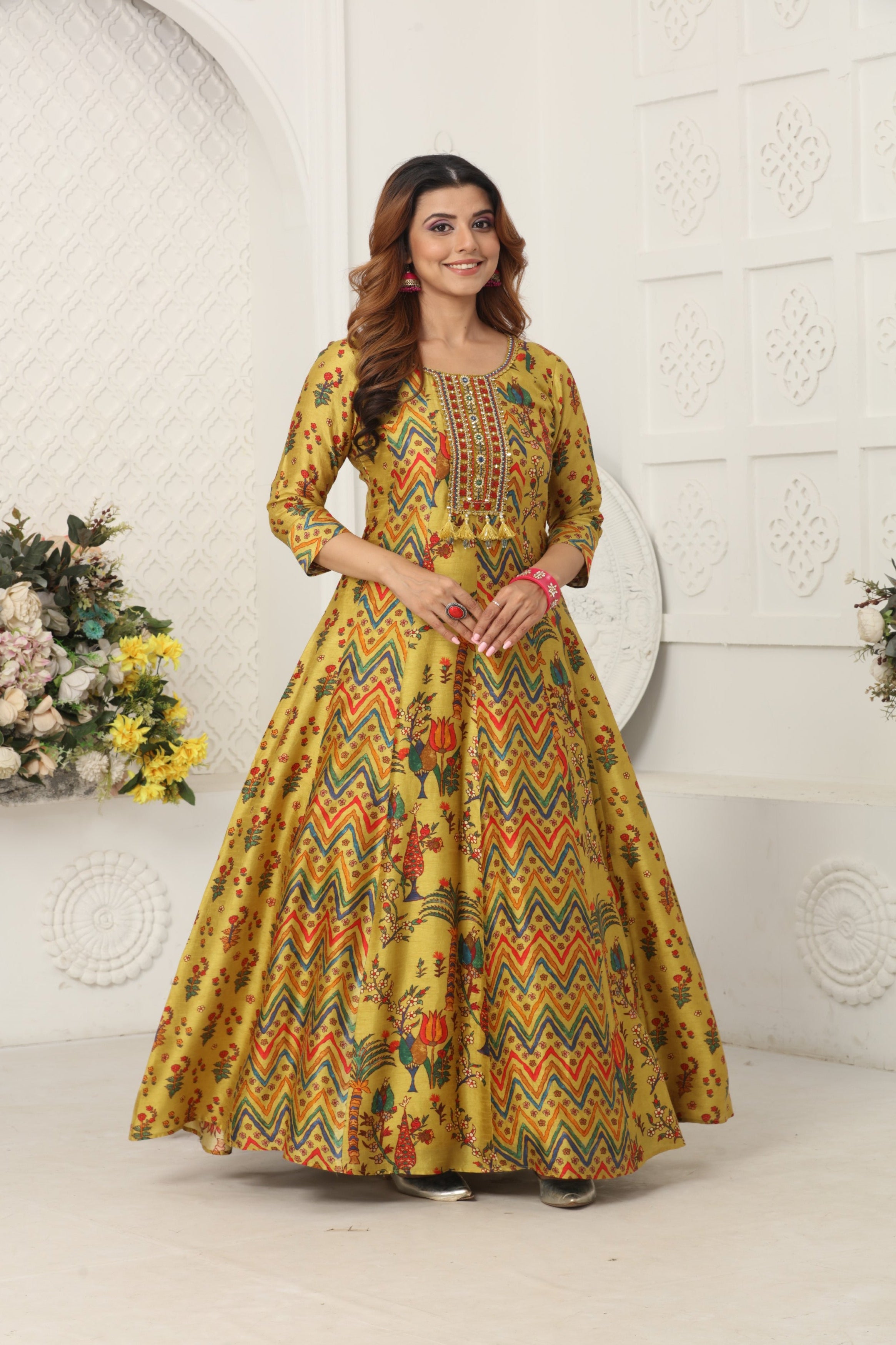 Pear Green Printed Premium Silk Anarkali Gown