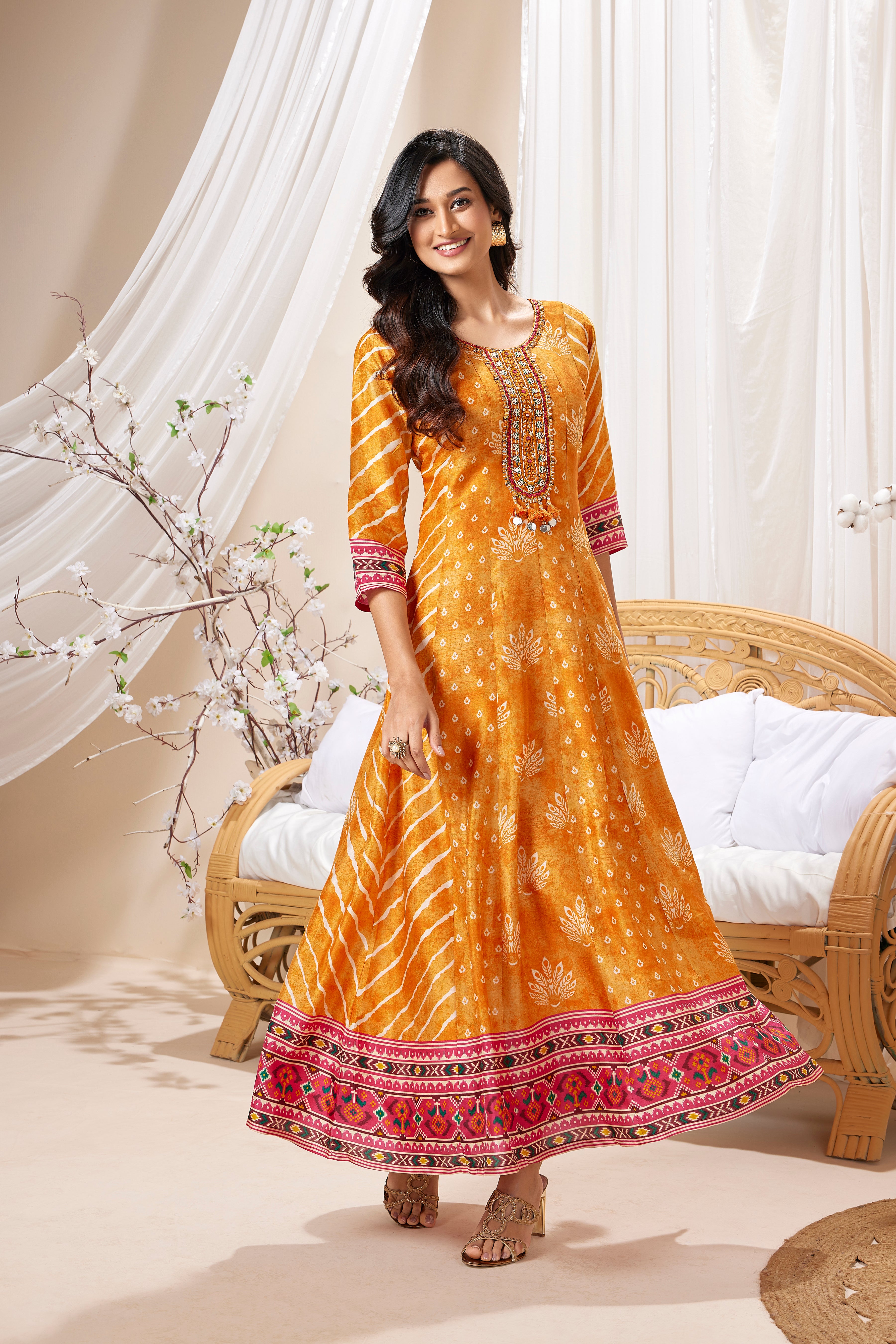 Orange Printed Muslin Silk Anarkali Set