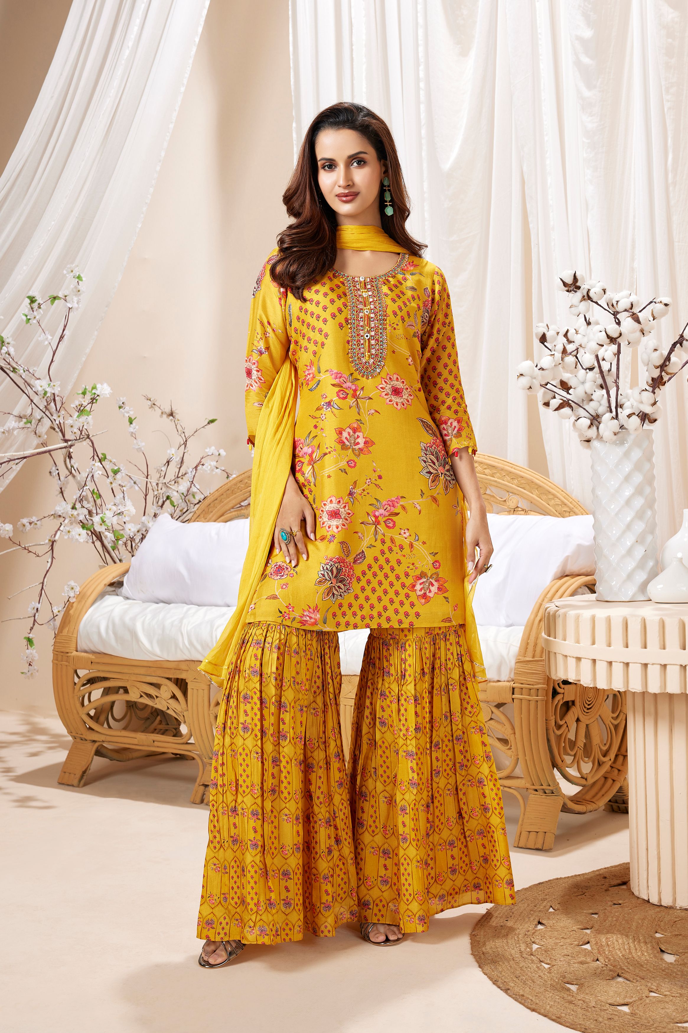 Yellow Floral Printed Muslin Silk Sharara Set