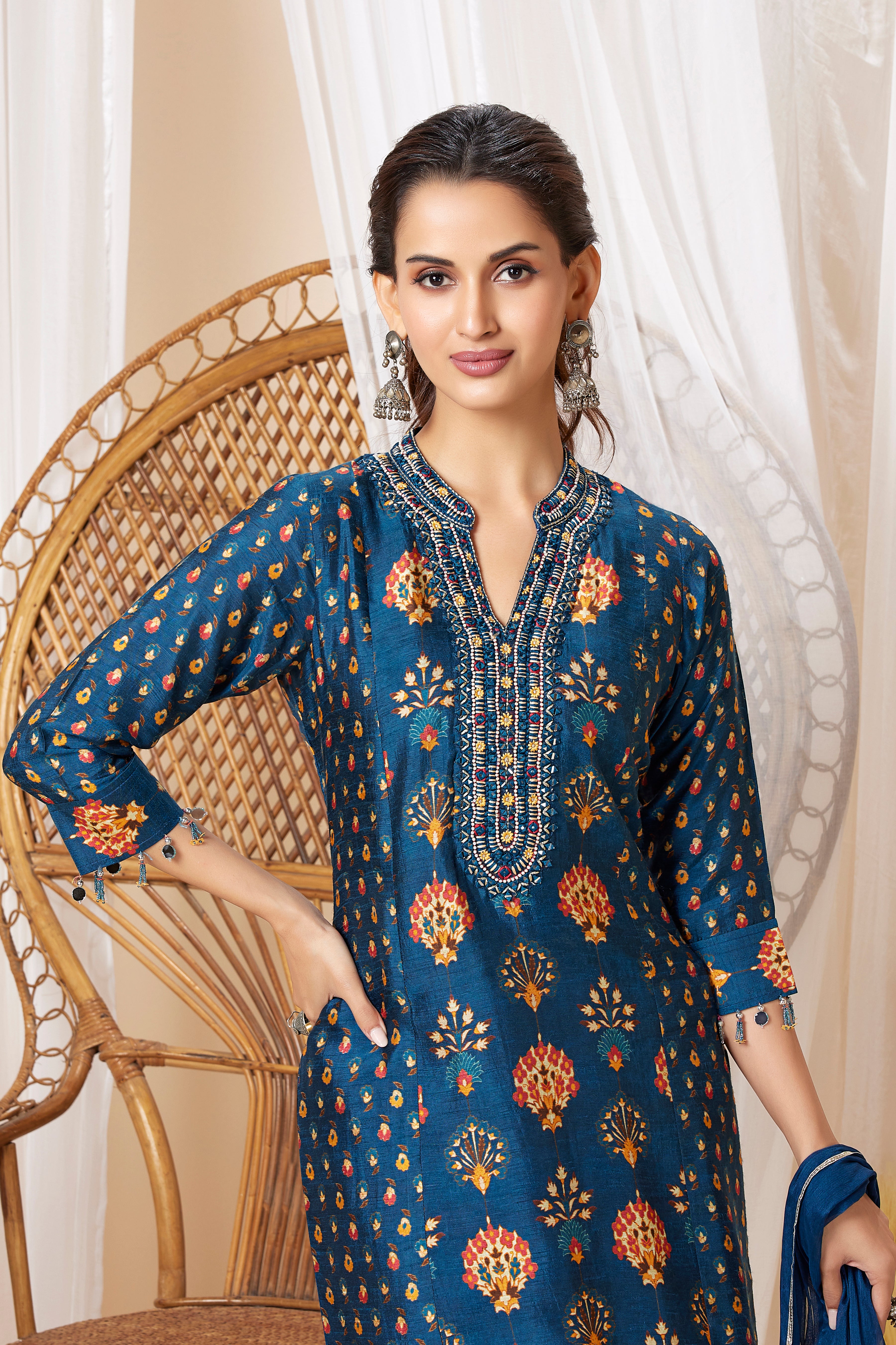 Teal Blue Printed Muslin Silk Sharara Set