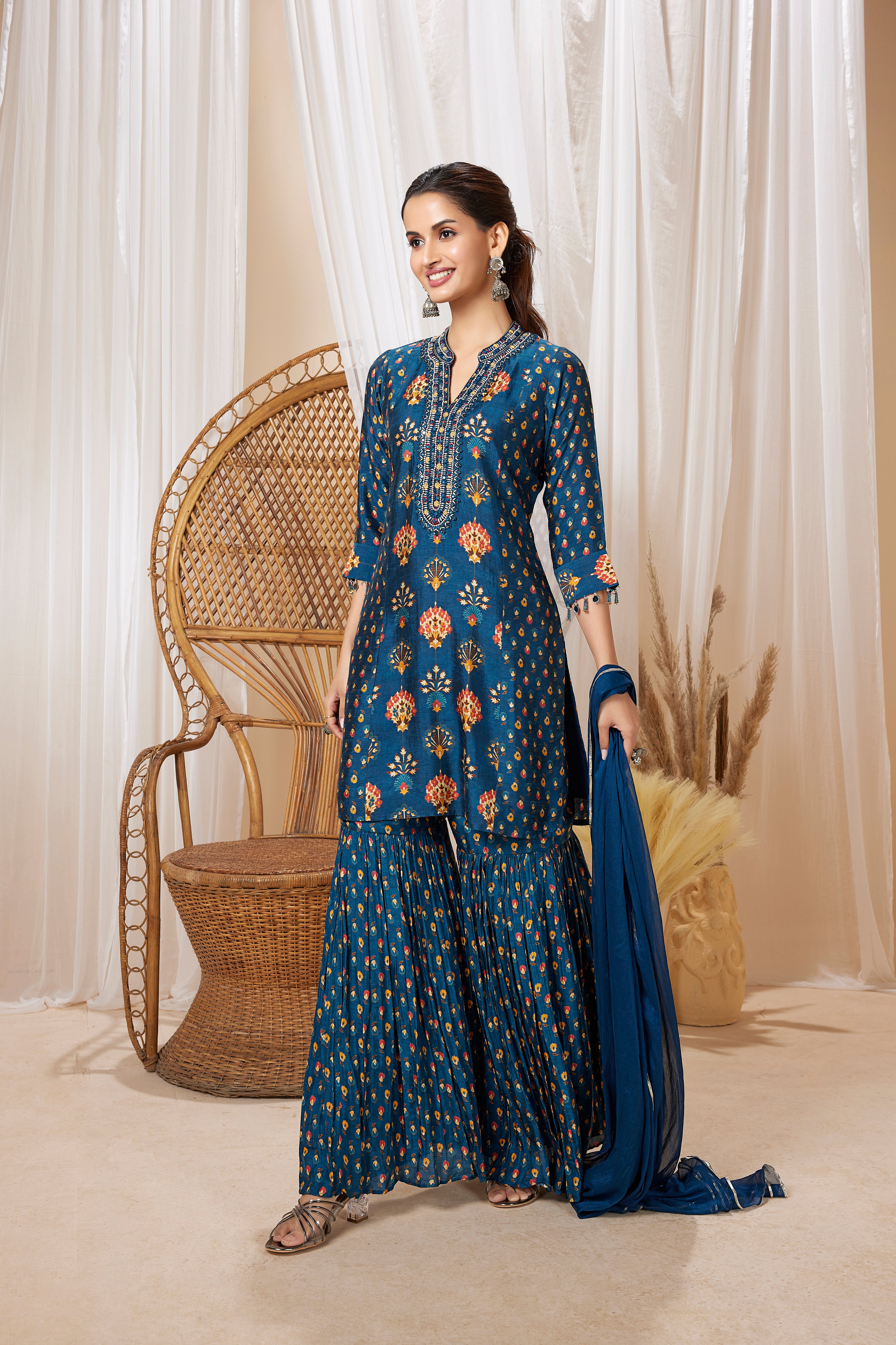 Teal Blue Printed Muslin Silk Sharara Set