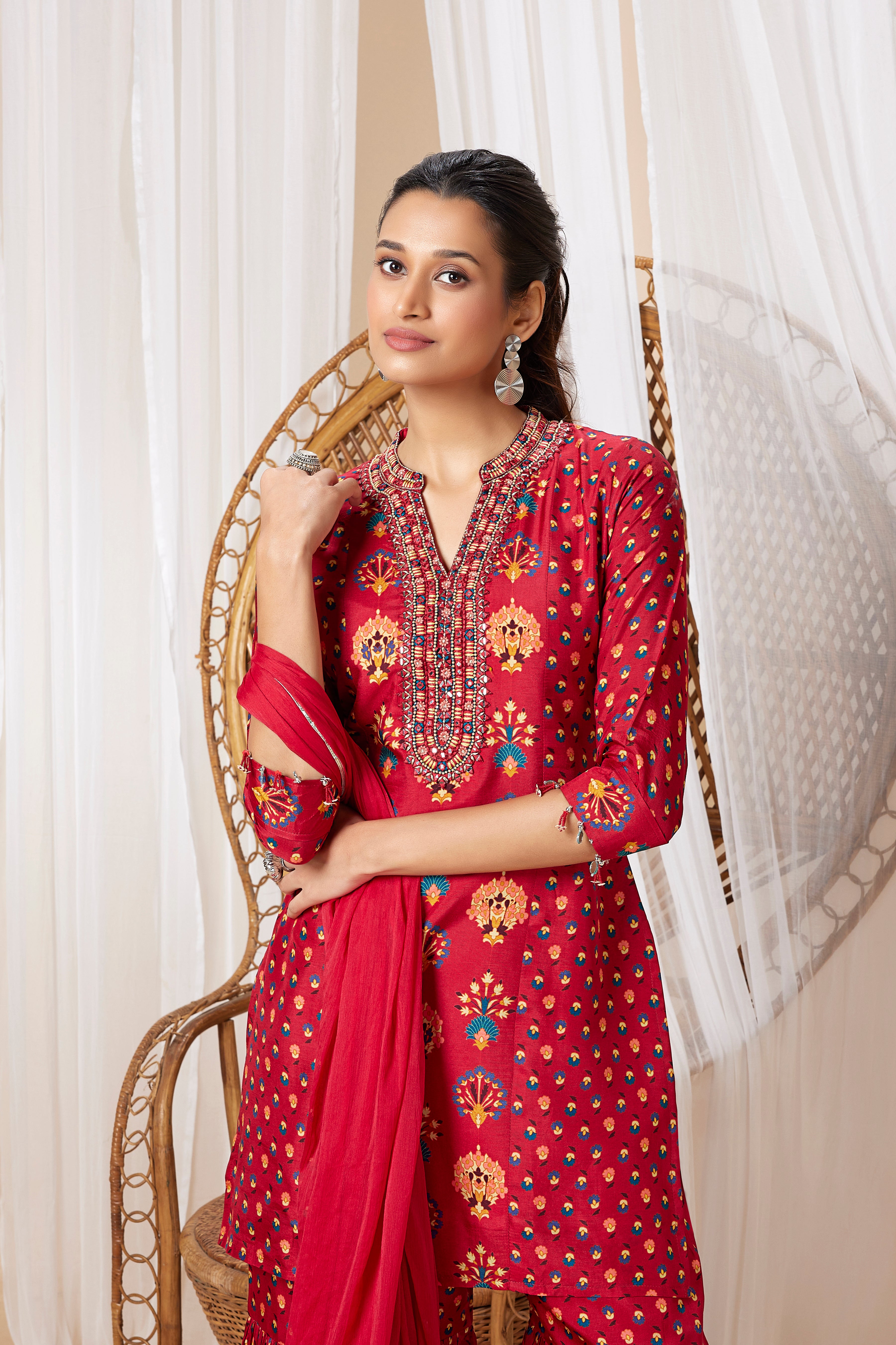 Red Printed Muslin Silk Sharara Set