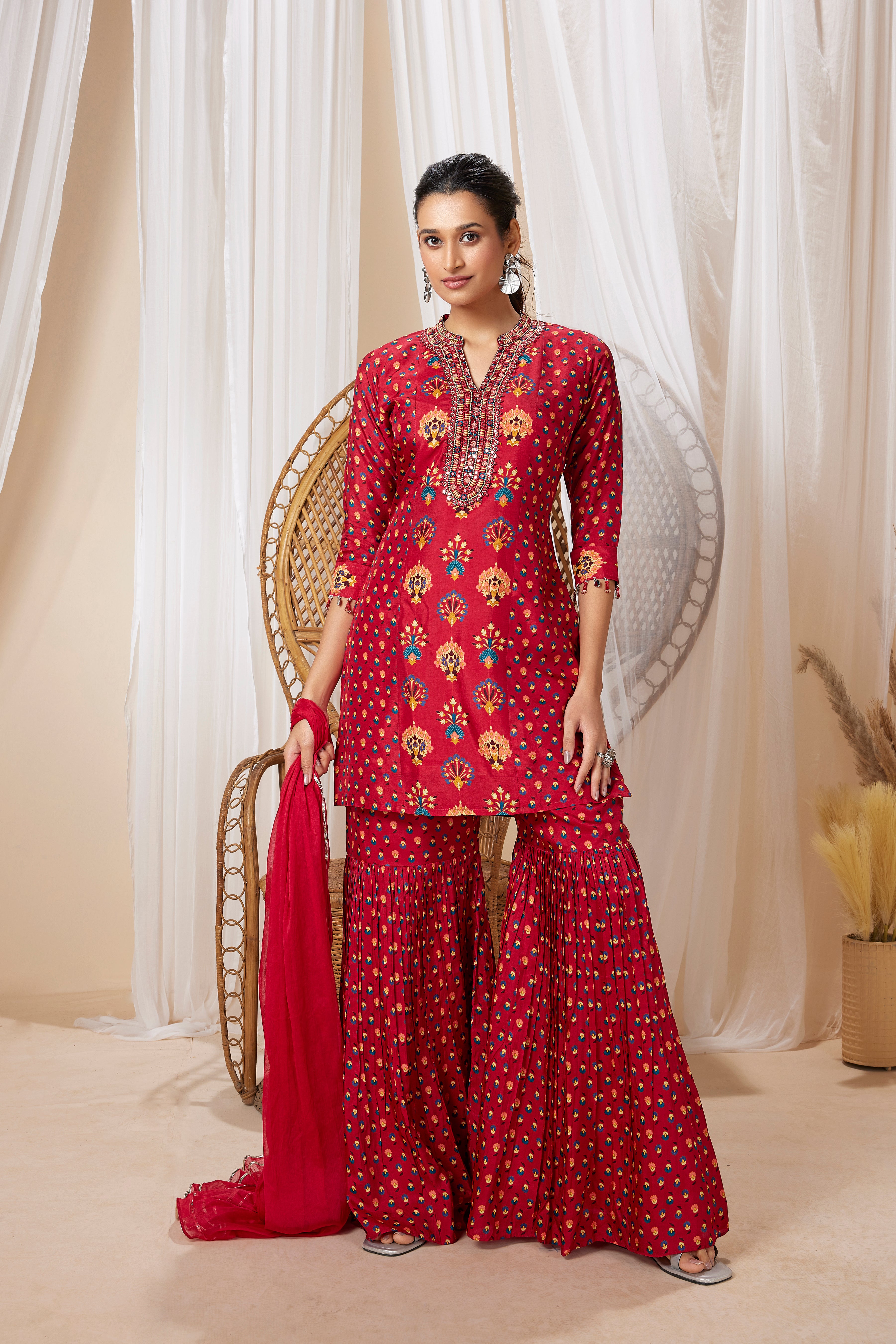 Red Printed Muslin Silk Sharara Set