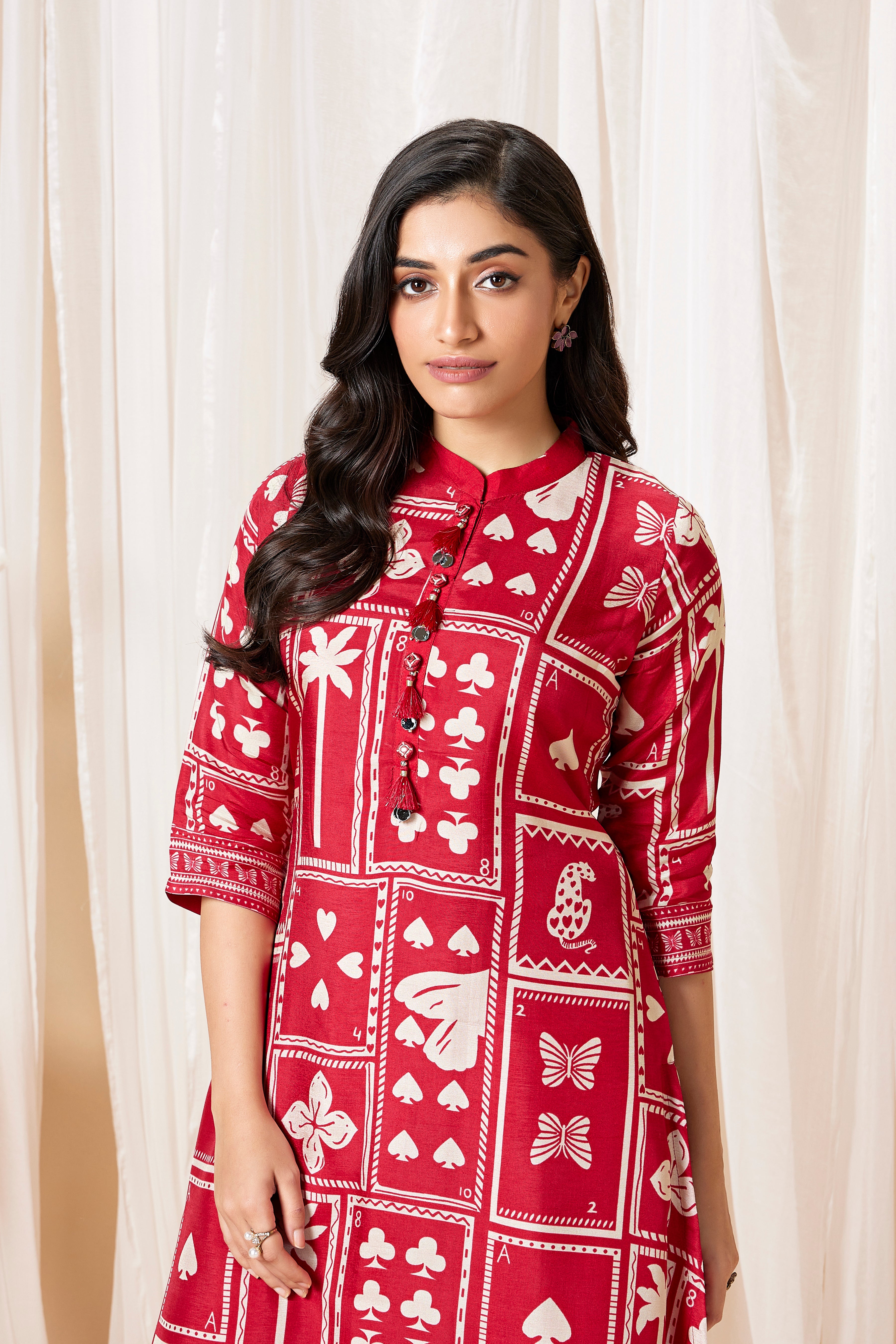Crimson Red Printed Muslin Silk Kurta Set