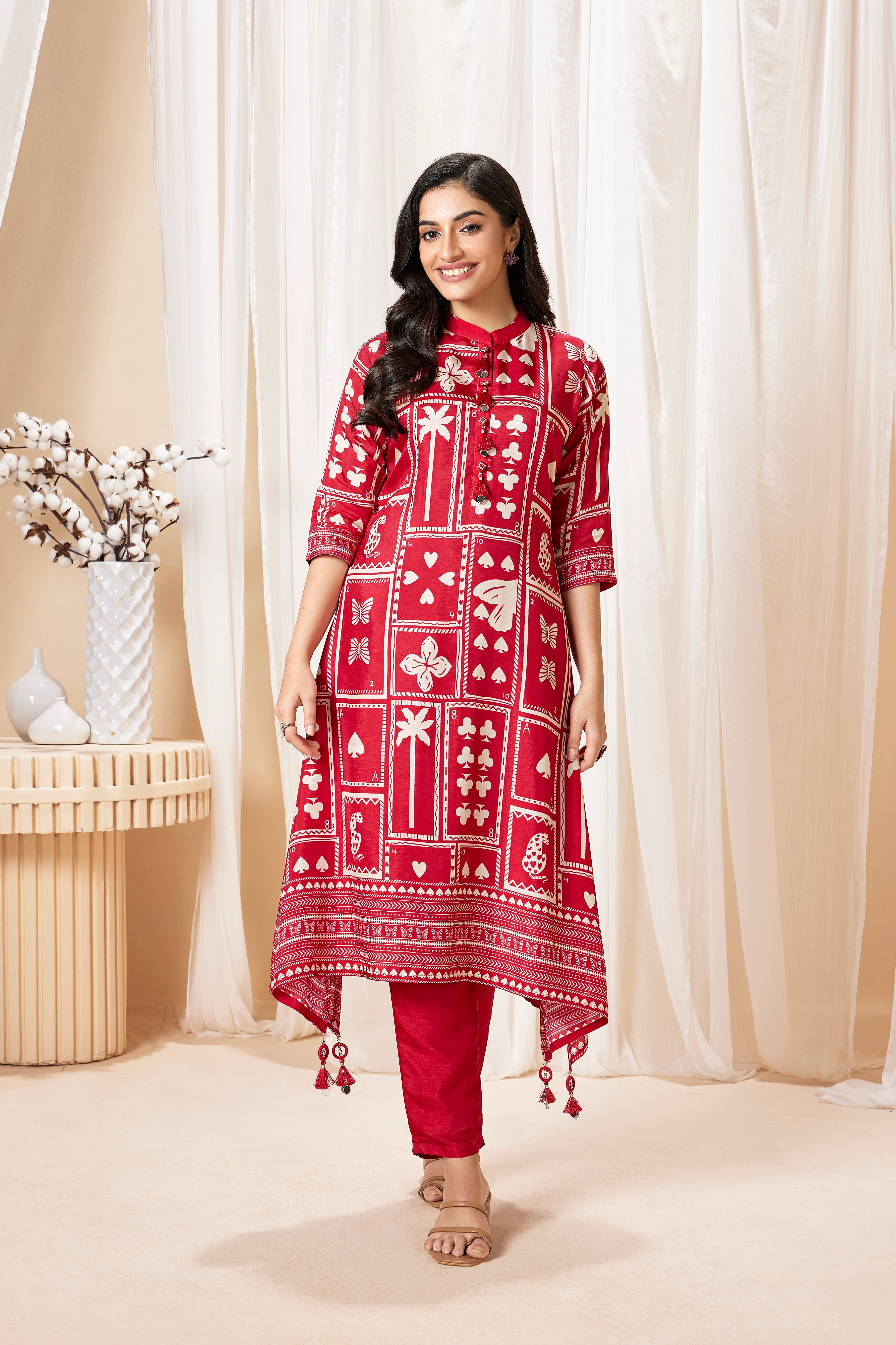Crimson Red Printed Muslin Silk Kurta Set