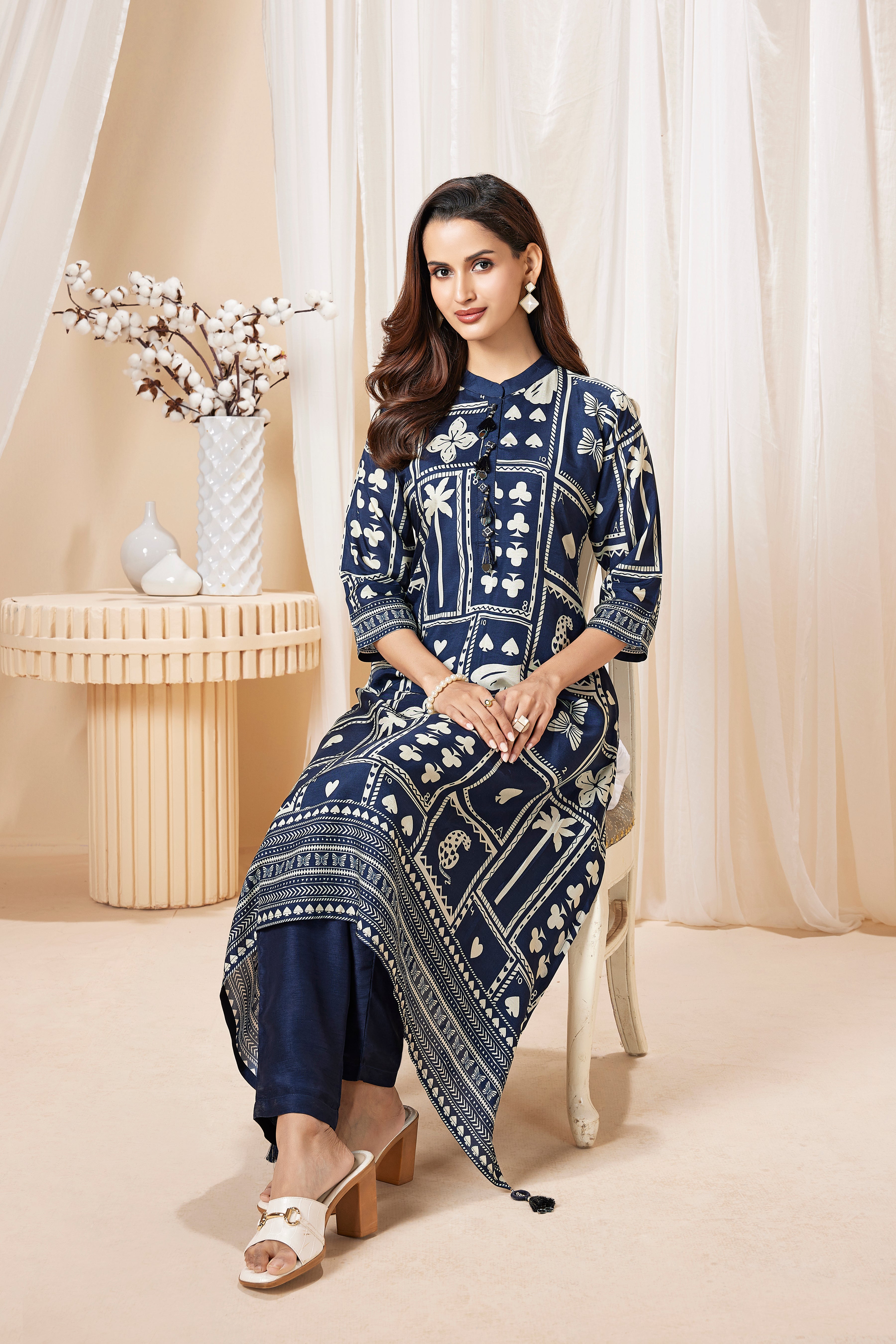 Deep Blue Printed Muslin Silk Kurta Set