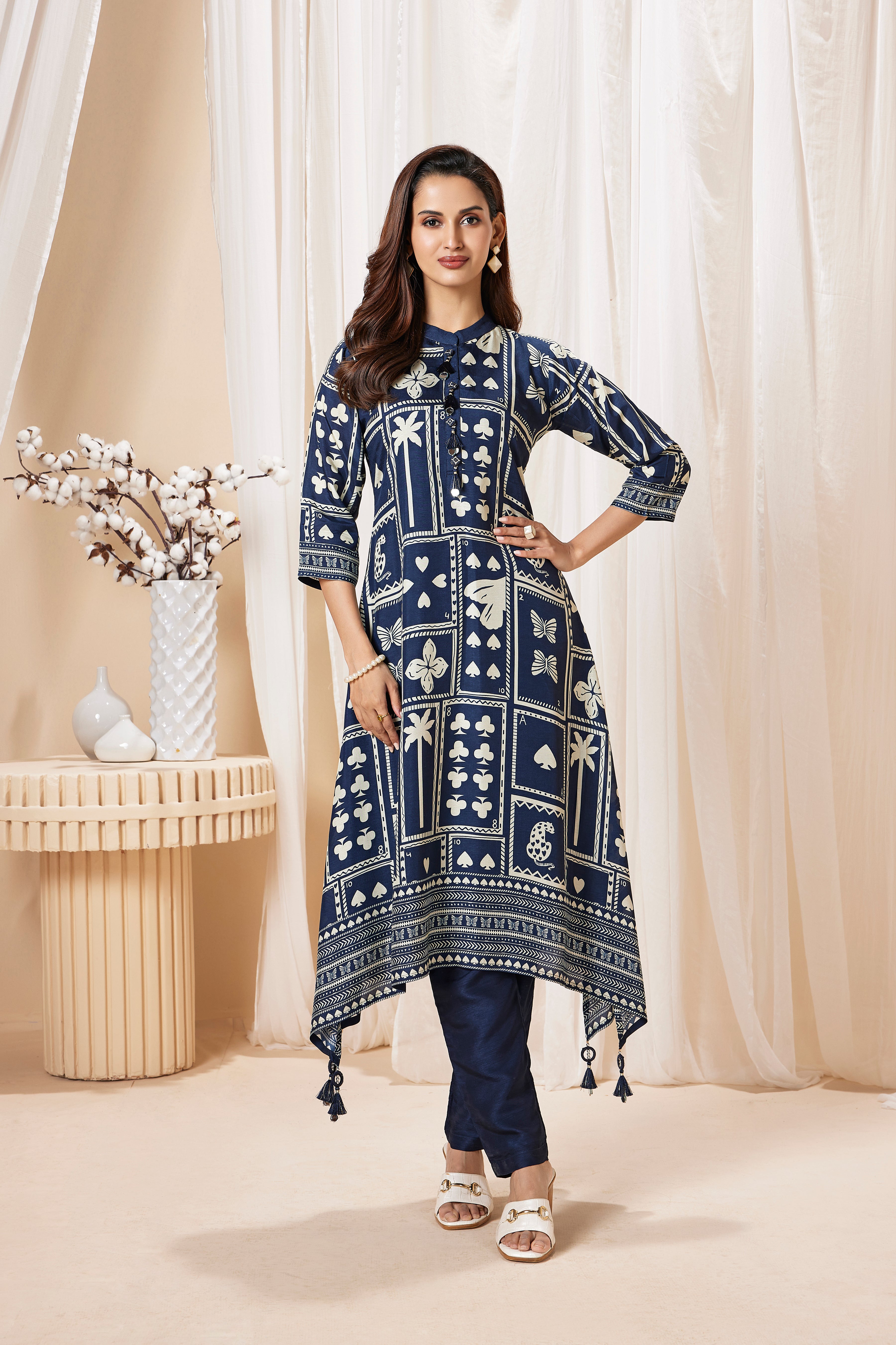 Deep Blue Printed Muslin Silk Kurta Set