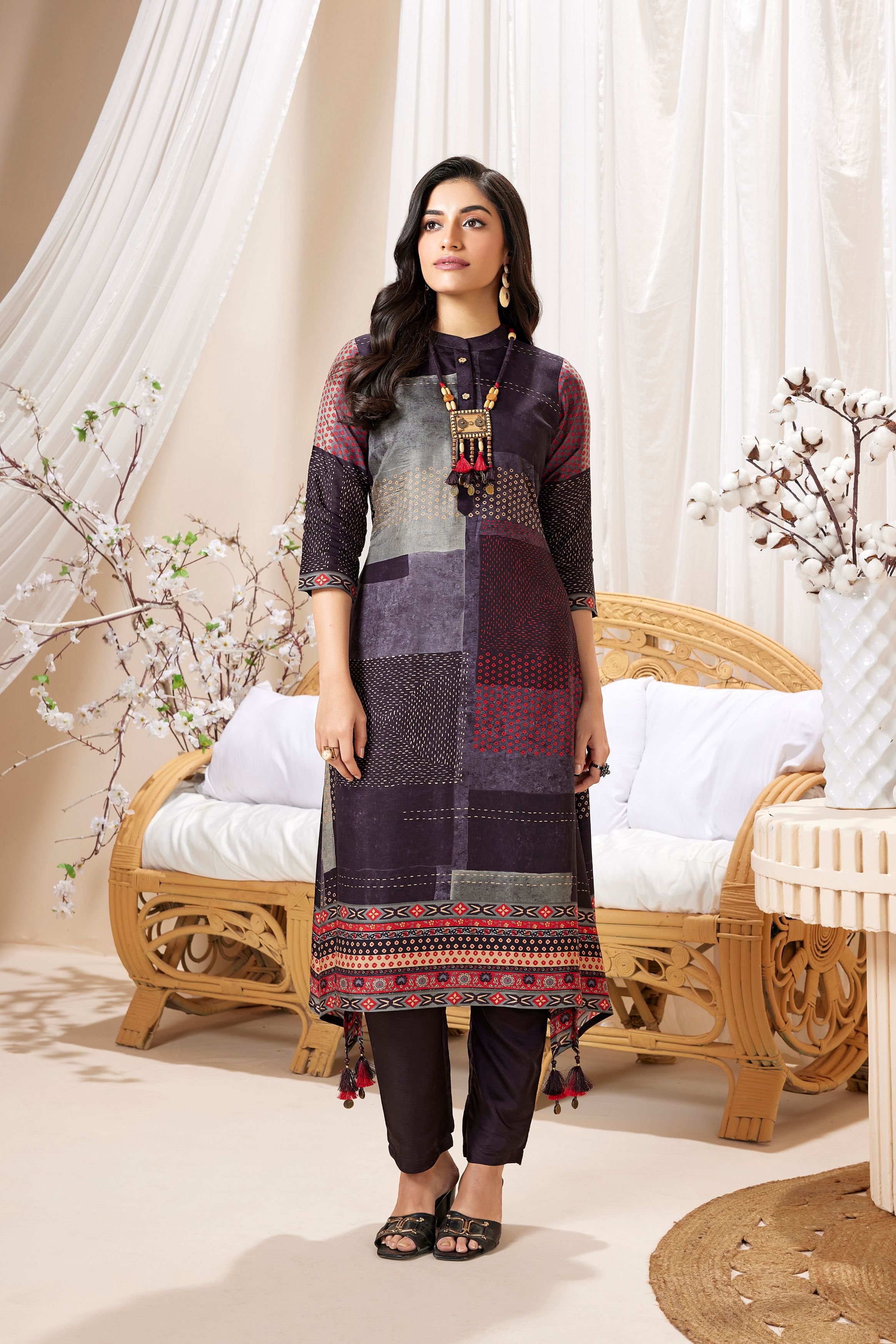 Deep Purple Printed Muslin Silk Kurta Set