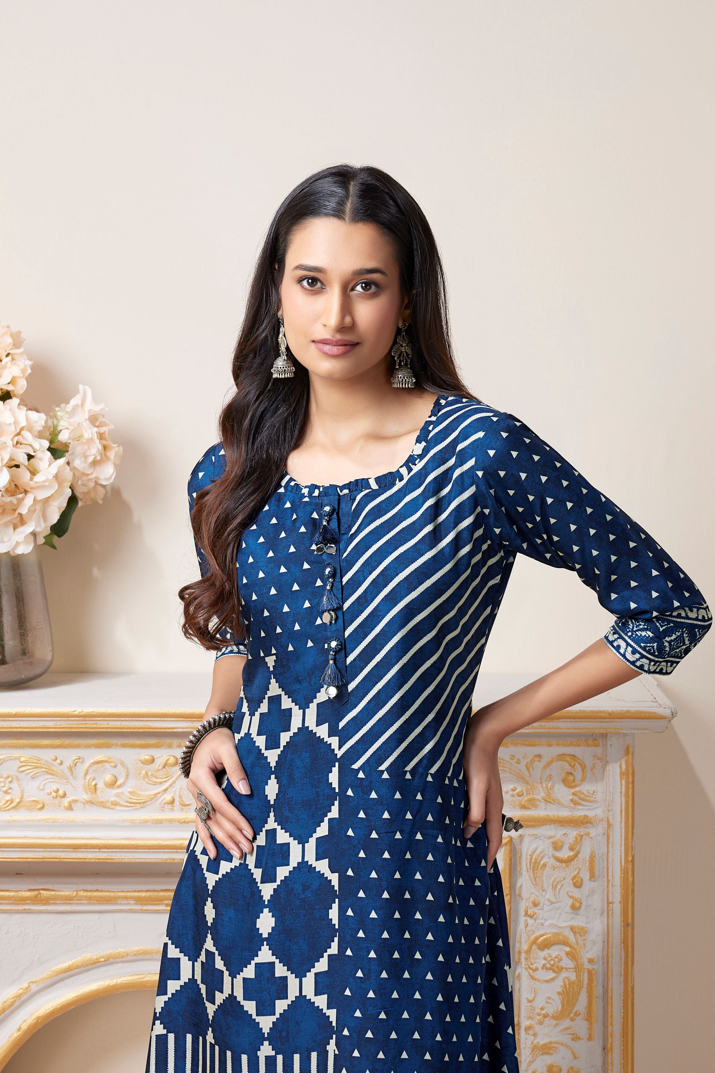 Teal Blue Printed Muslin Silk Kurta Set