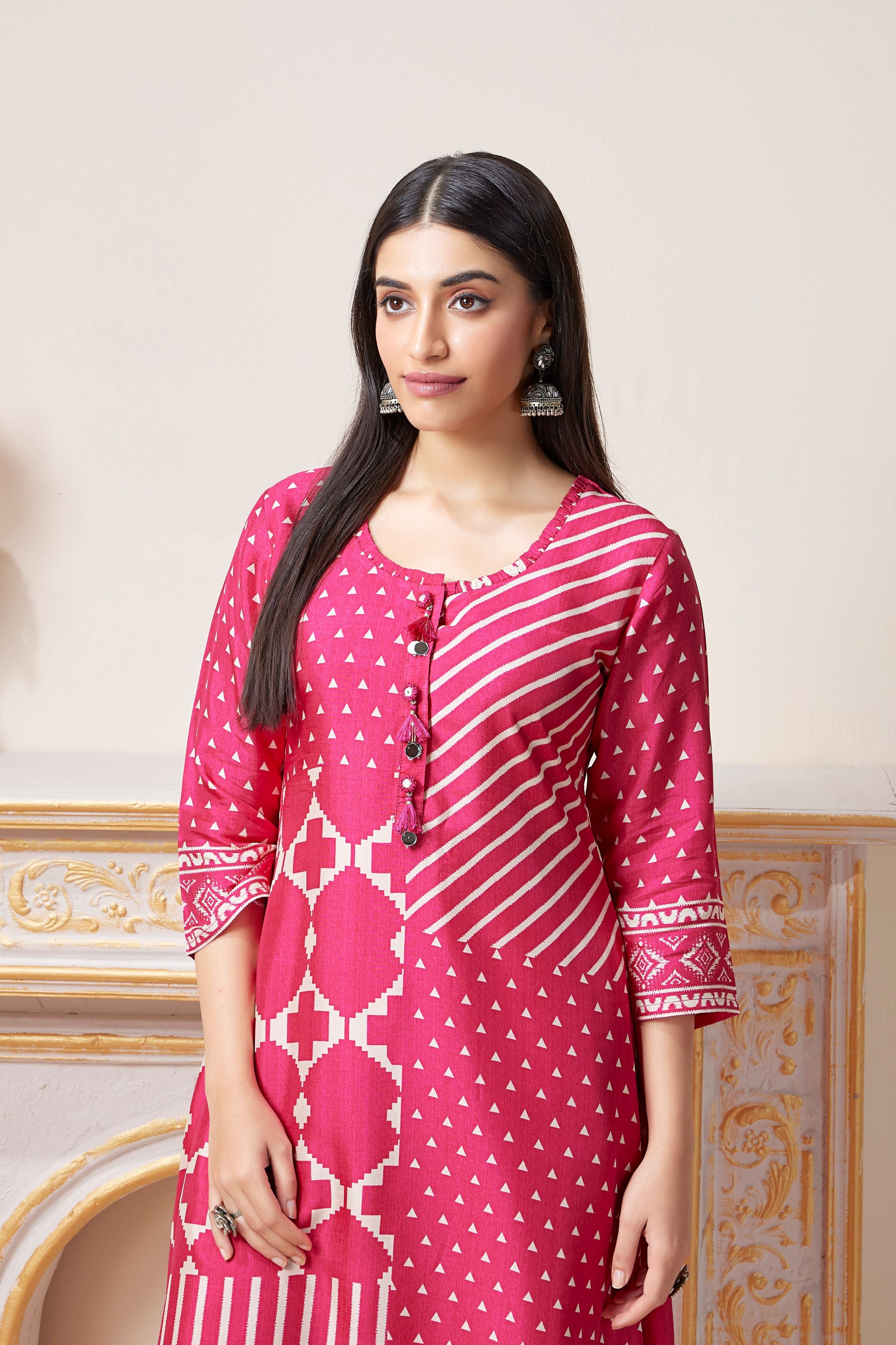 Bright Pink Printed Muslin Silk Kurta Set