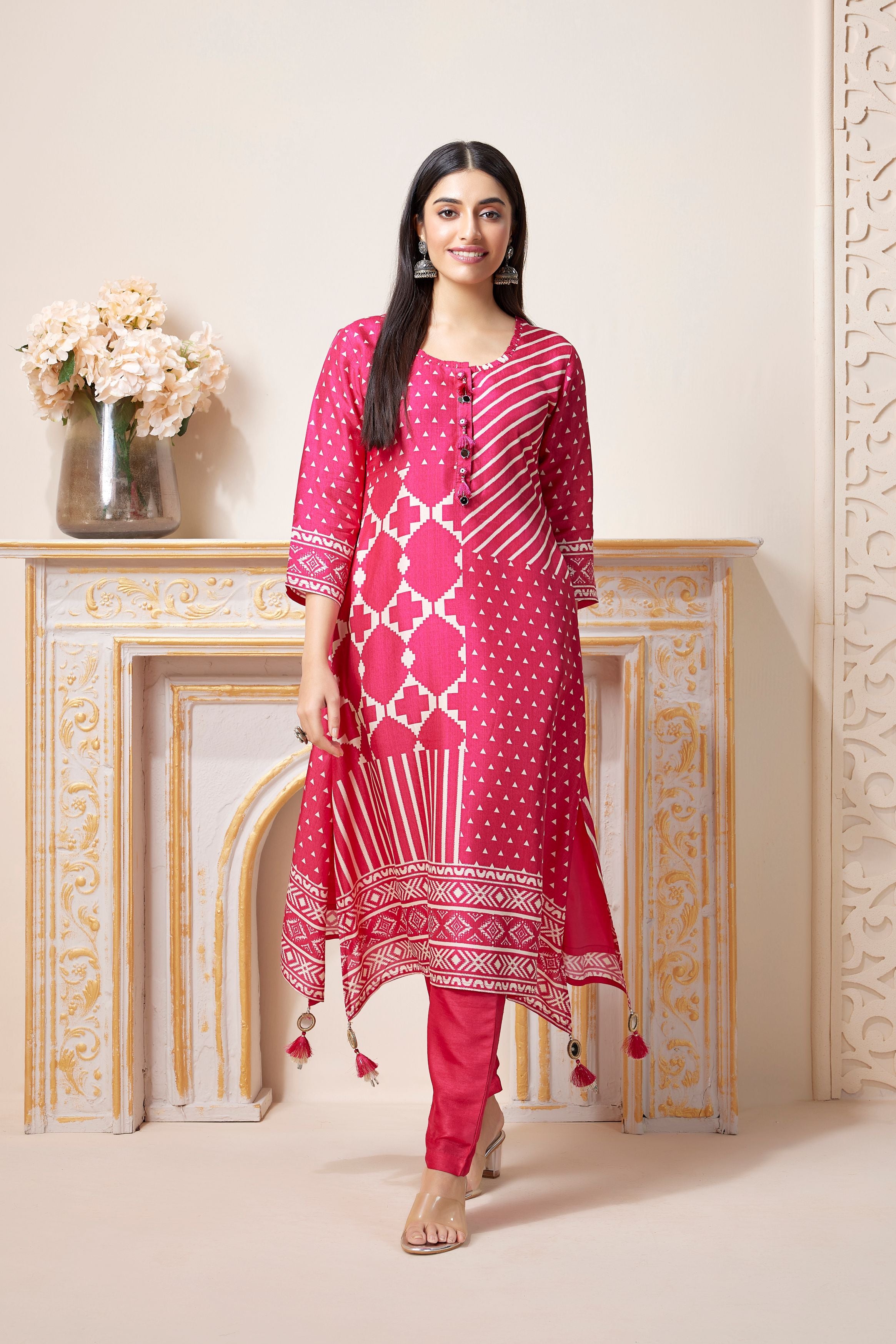 Bright Pink Printed Muslin Silk Kurta Set
