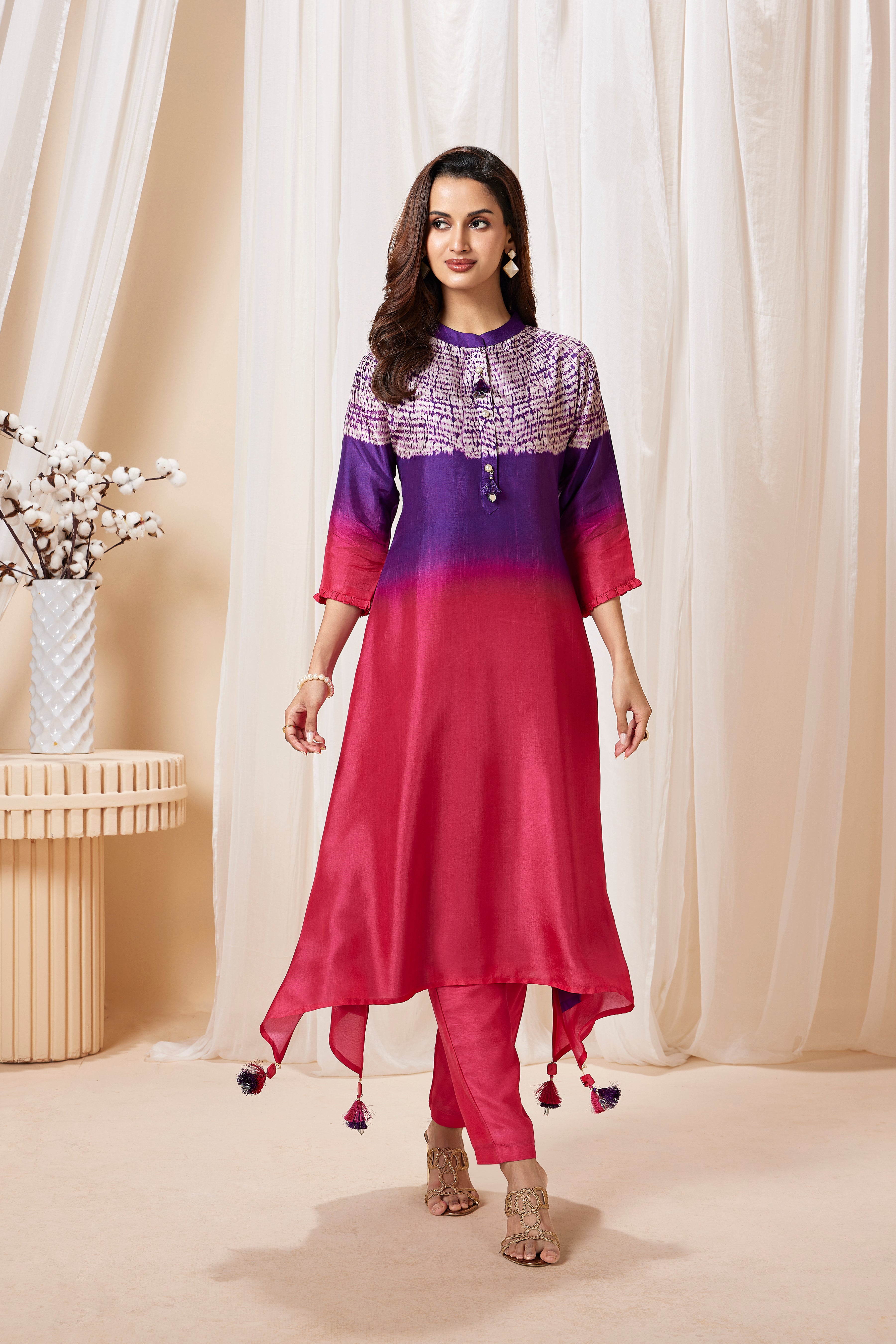 Rani Pink Ombre Dye Raw Silk Kurta Set
