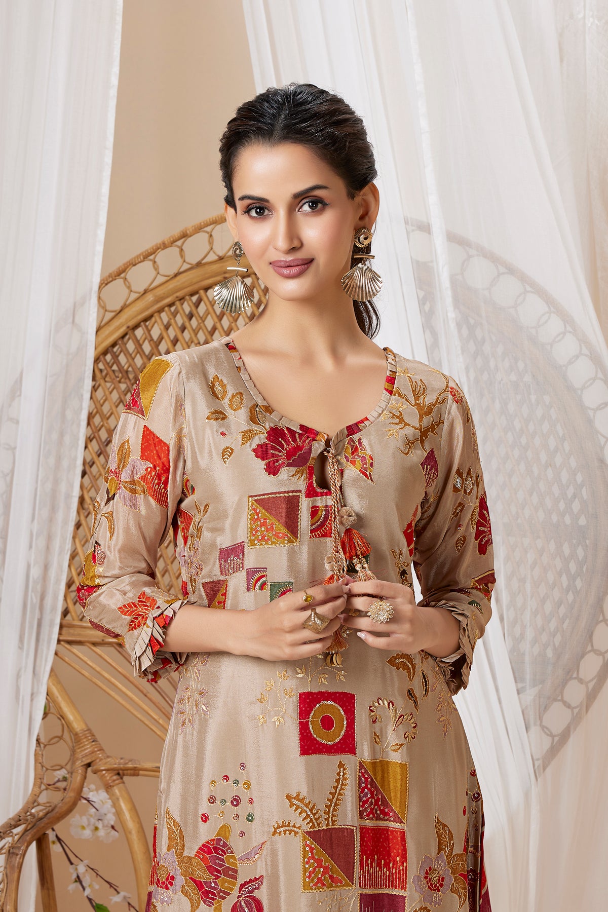 Sand Beige Embellished Raw Silk Pant Set