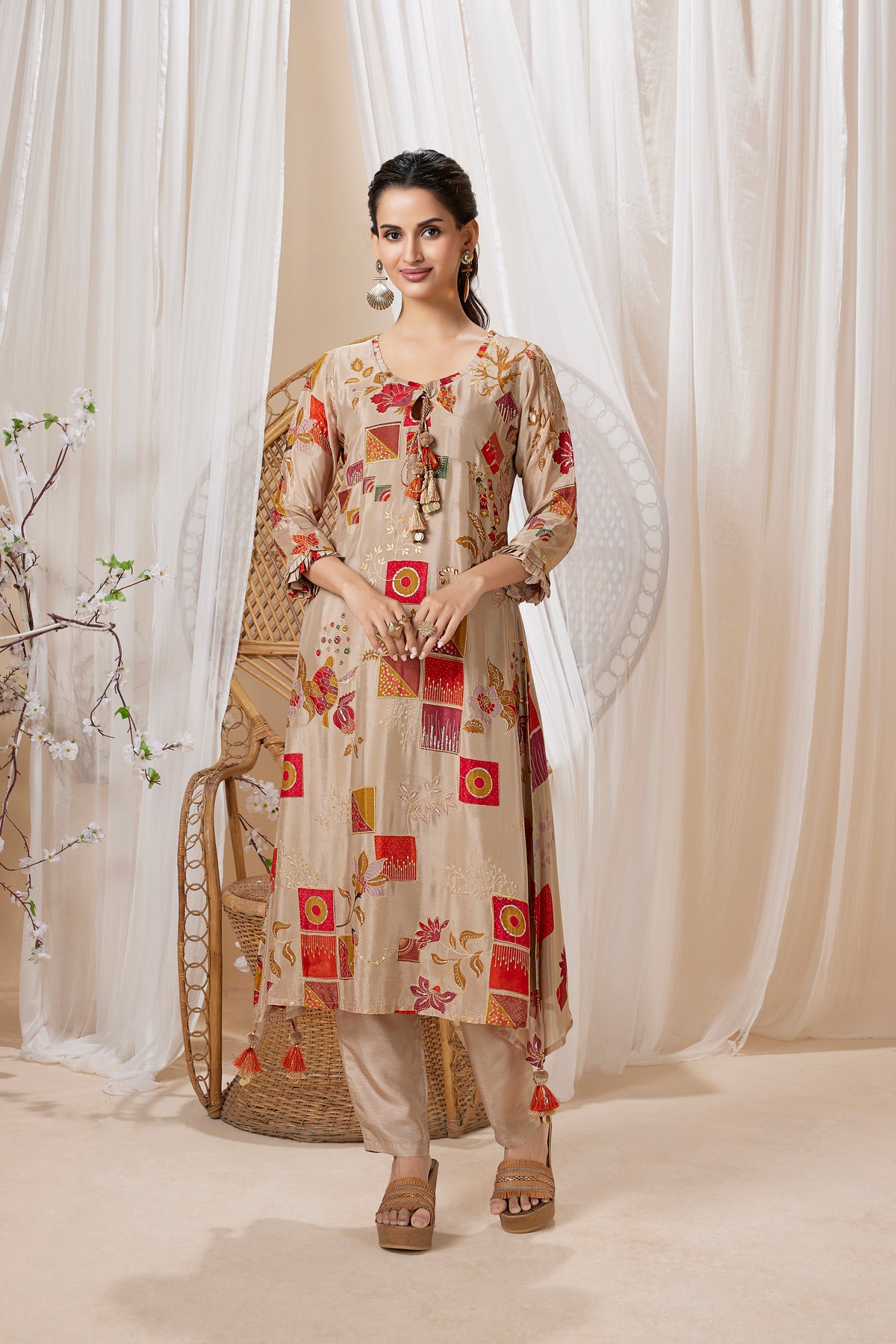 Sand Beige Embellished Raw Silk Pant Set