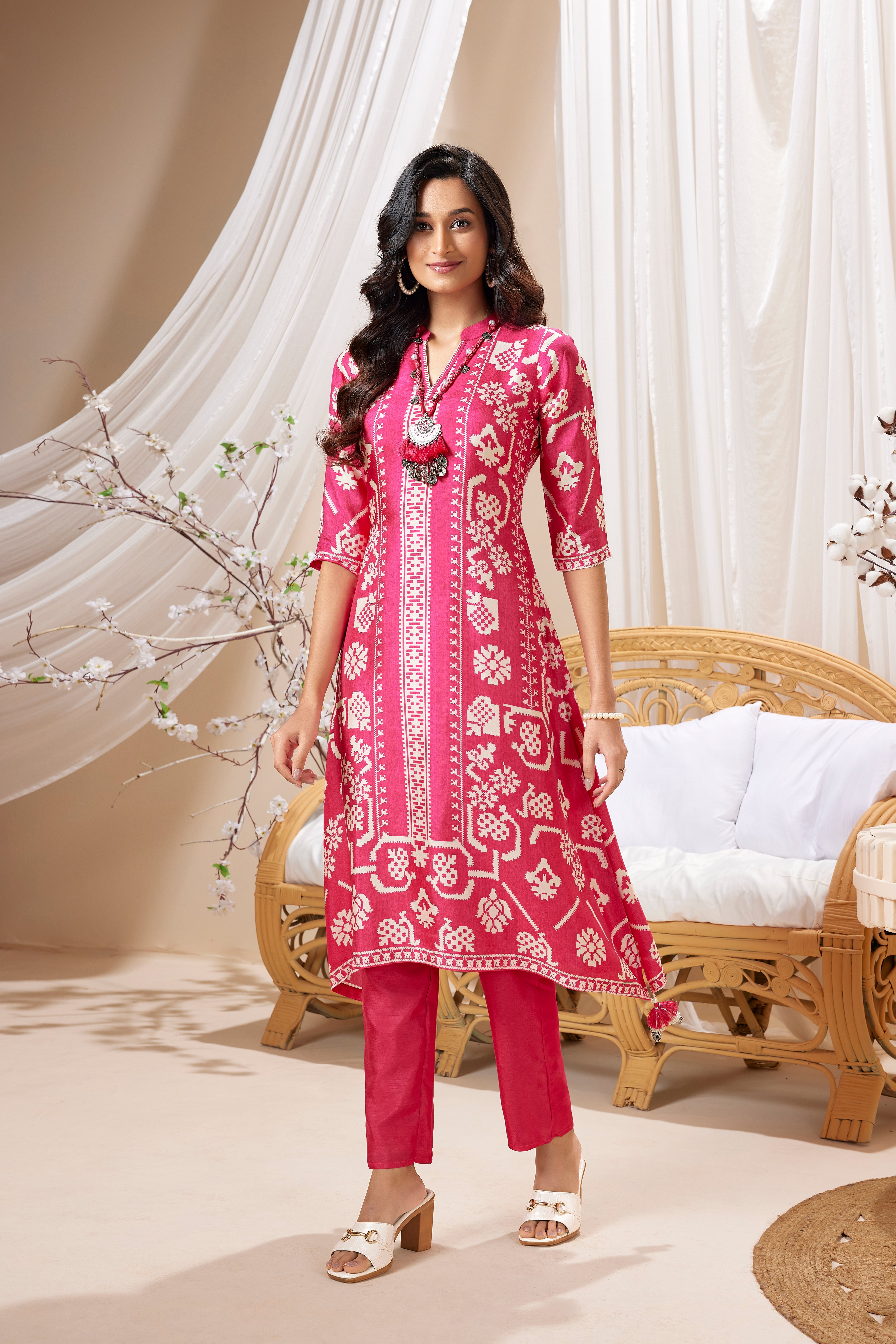 Pink Printed Muslin Silk Kurta Set
