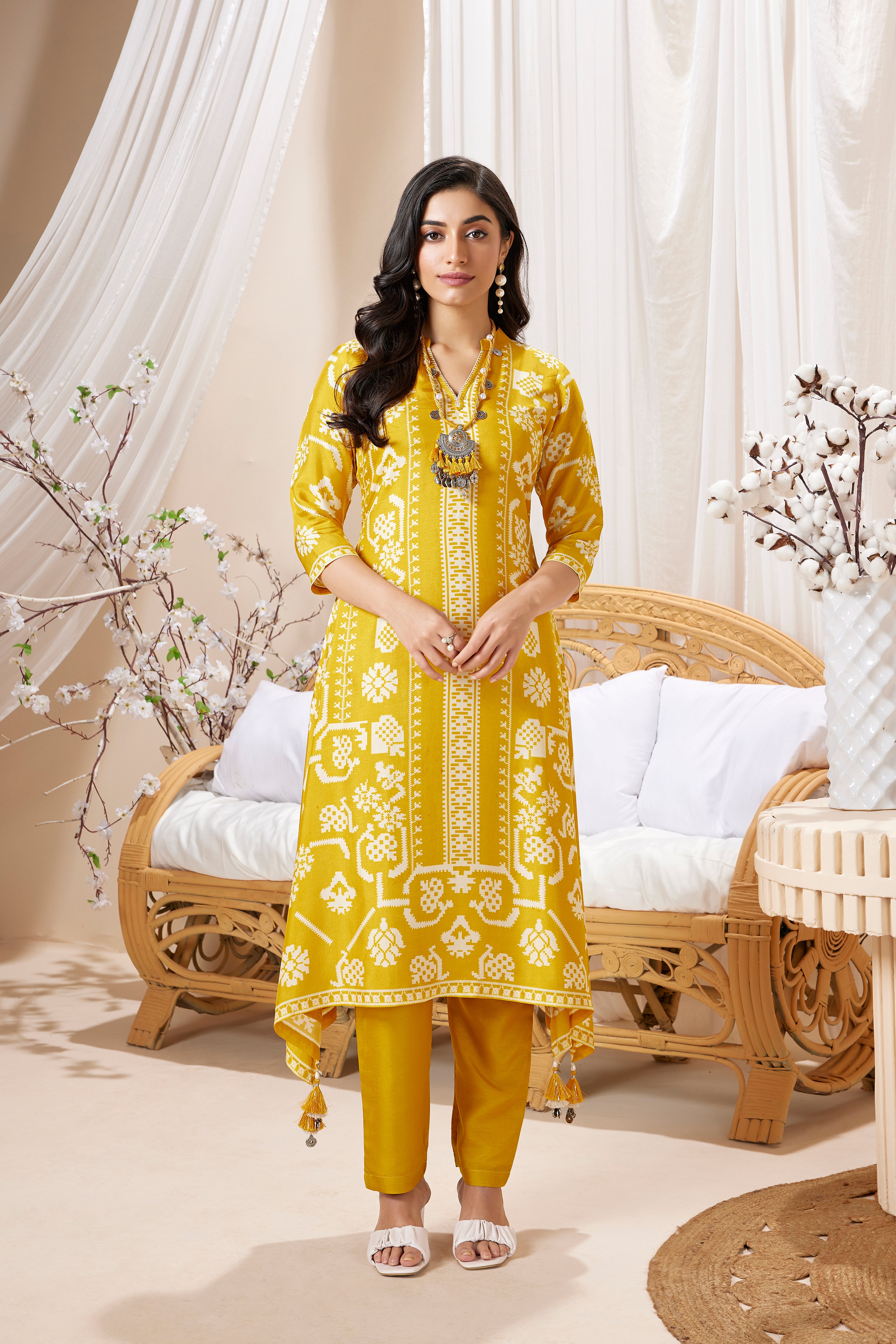 Mustard Yellow Printed Muslin Silk Kurta Set