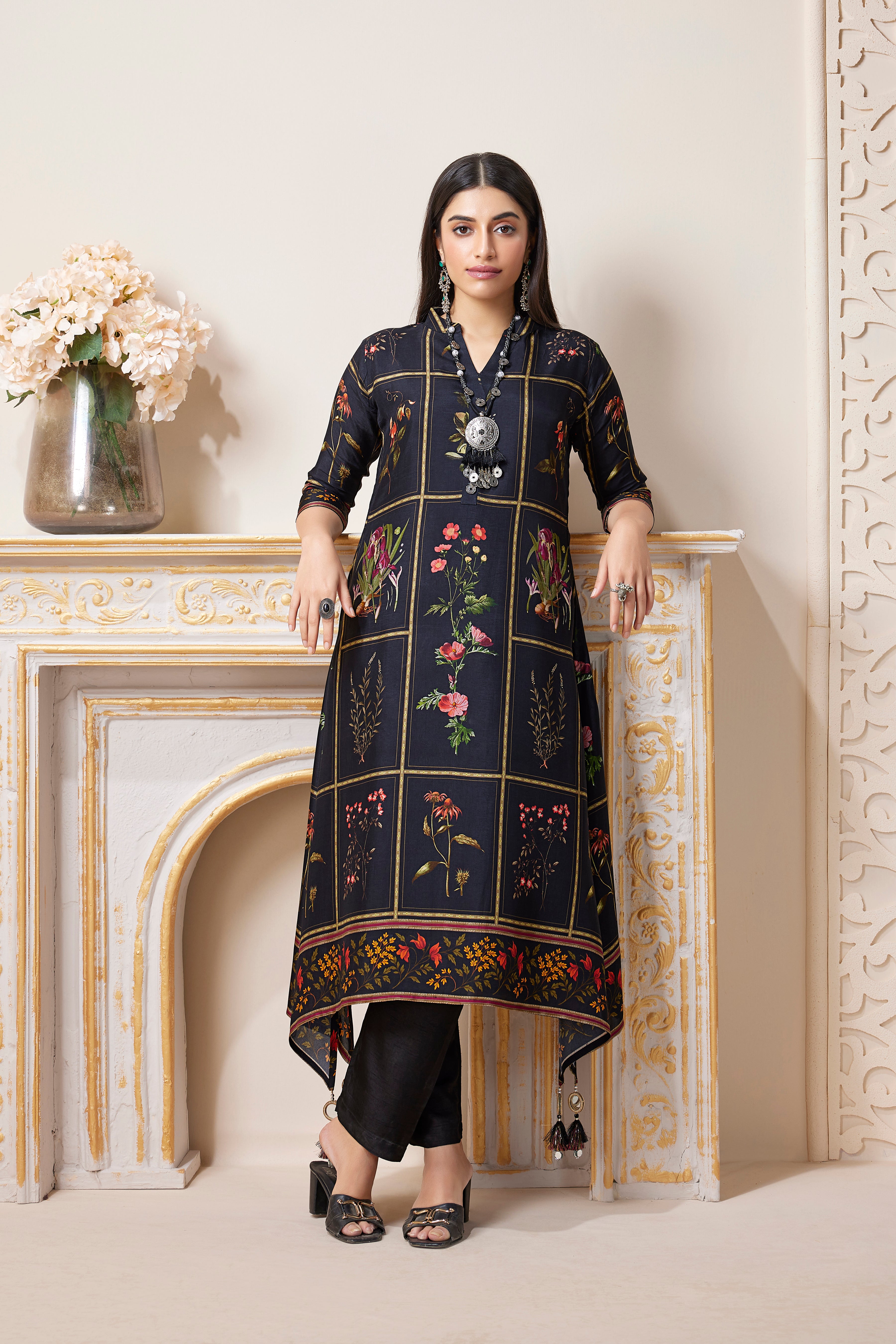 Charcoal Printed Muslin Silk Kurta Set