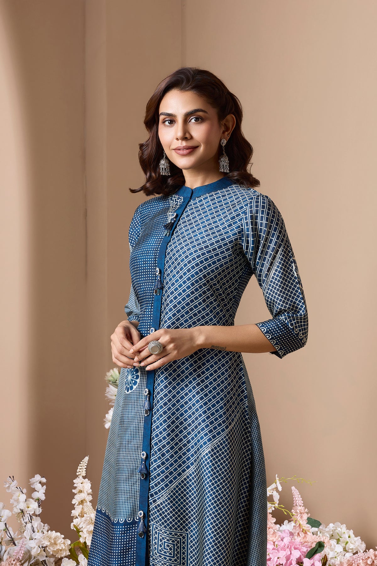 Royal Blue Printed Crepe Silk Pant Set