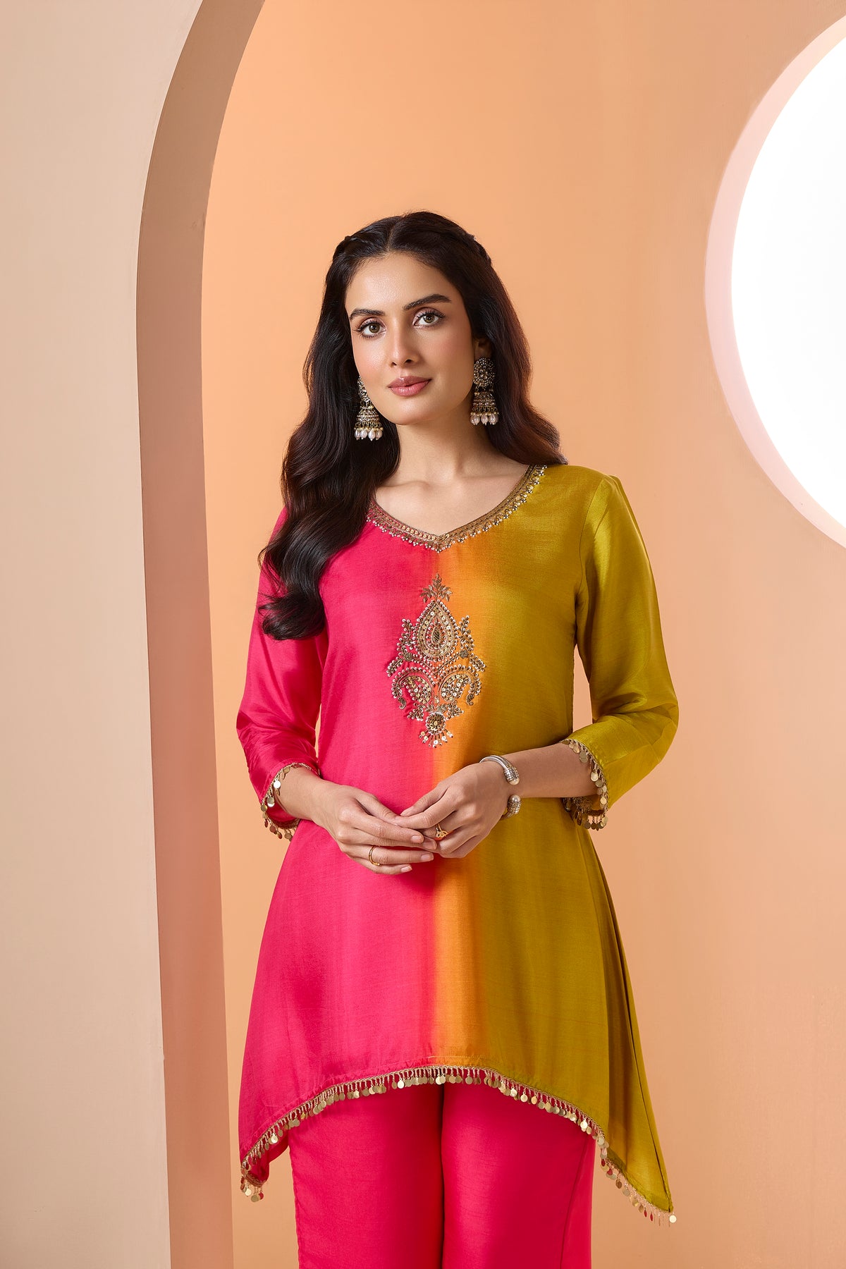 Magenta Pink Embellished Raw Silk Palazzo Set