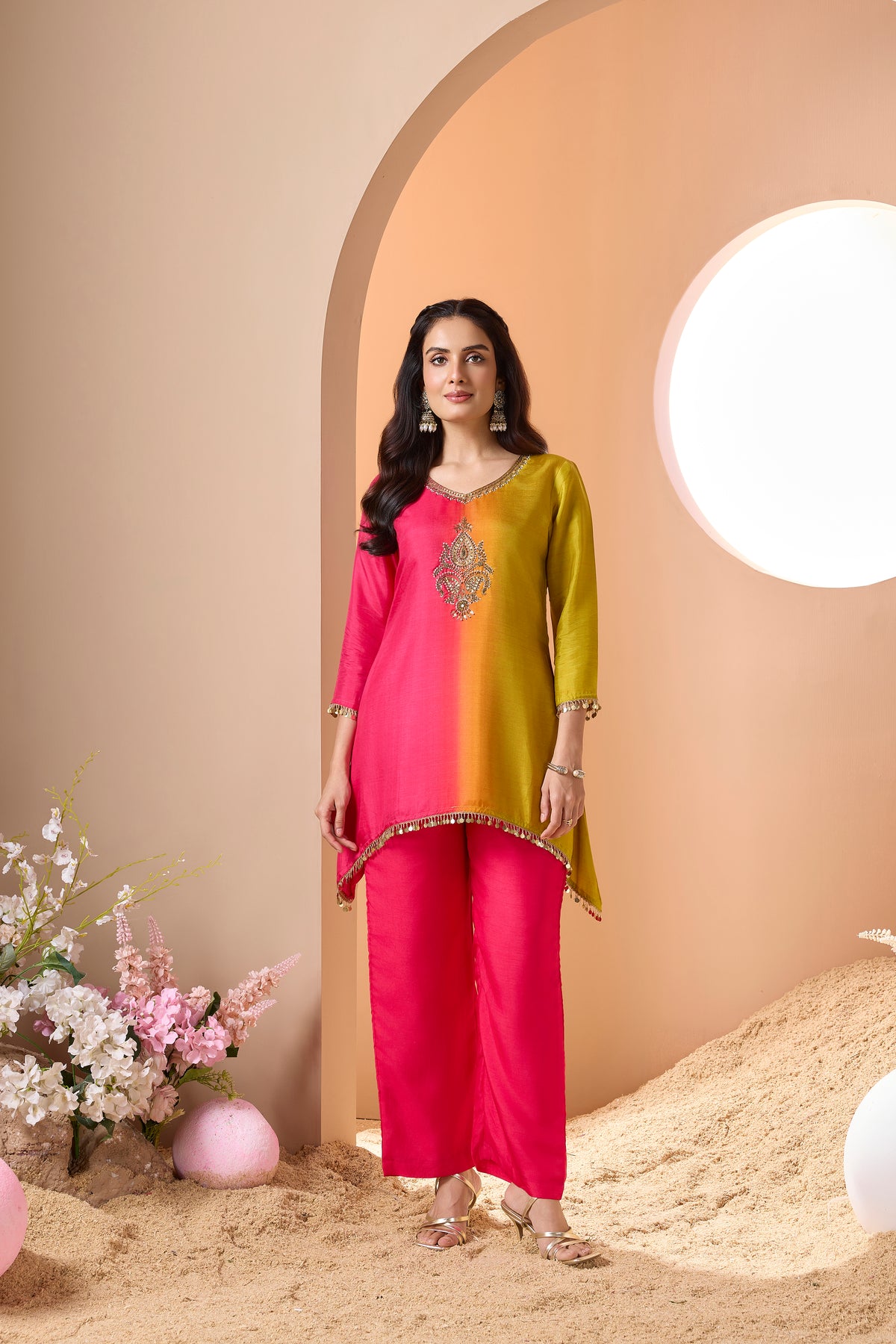 Magenta Pink Embellished Raw Silk Palazzo Set