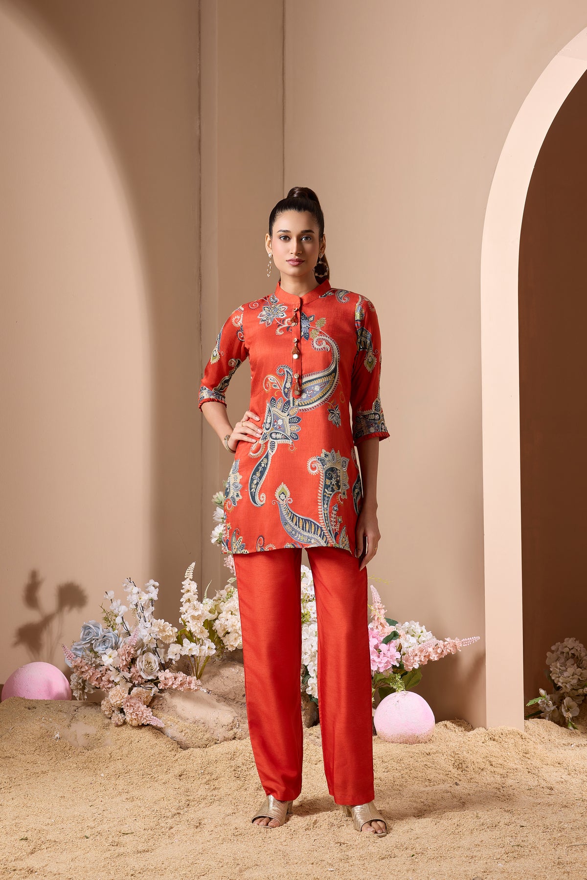 Rust Orange Embellished Raw Silk Co-Ord Set