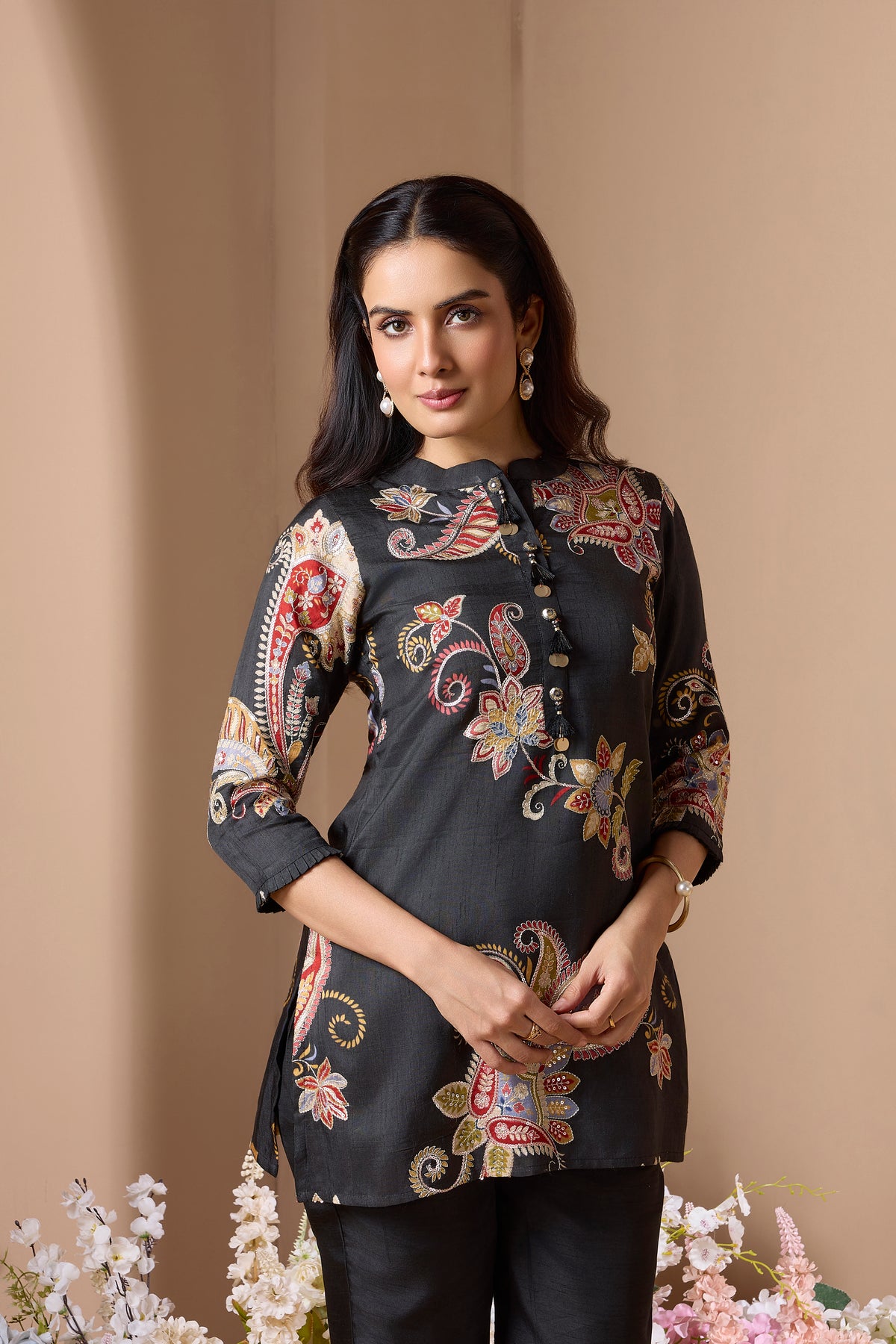 Deep Black Embellished Raw Silk Co-Ord Set