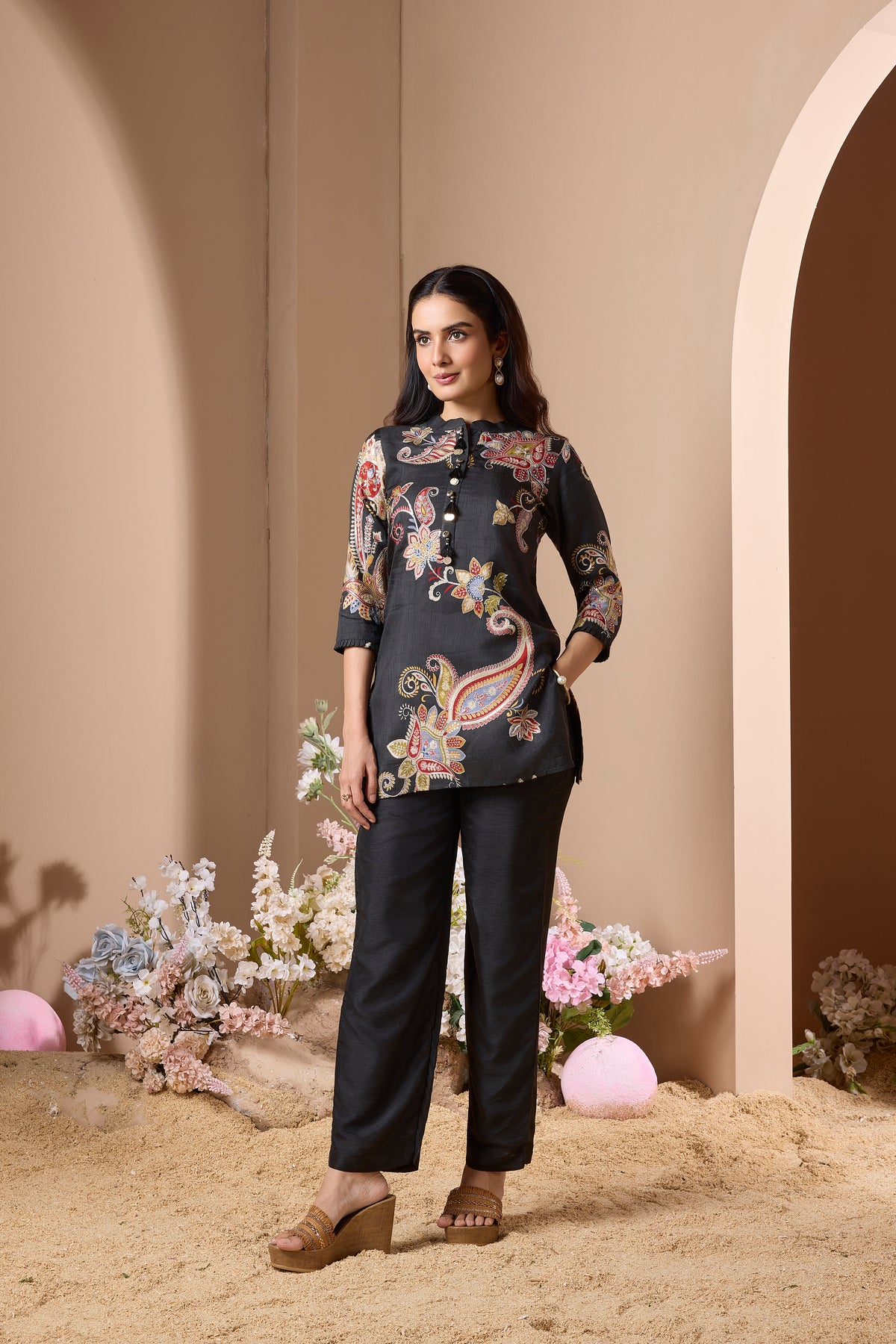 Deep Black Embellished Raw Silk Co-Ord Set