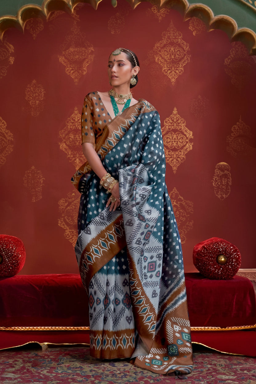 Navy Grey Printed Premium Silk Saree