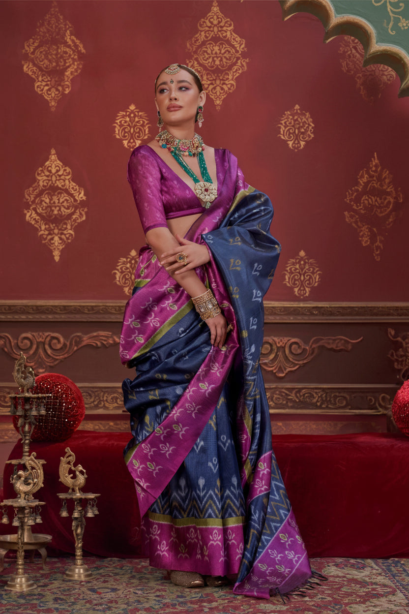Indigo Blue Printed Premium Silk Saree