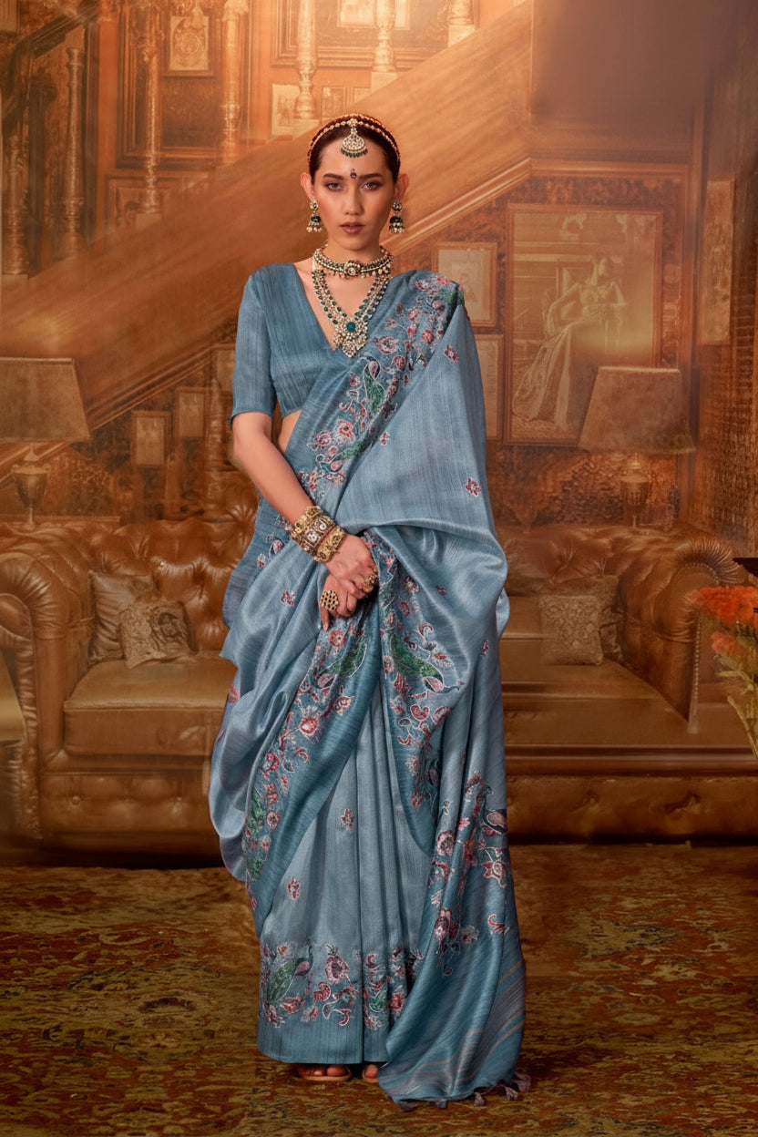 Steel Blue Printed Tussar Silk Saree